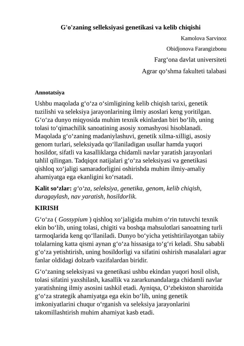 G'o'zaning selleksiyasi genetikasi va kelib chiqishi