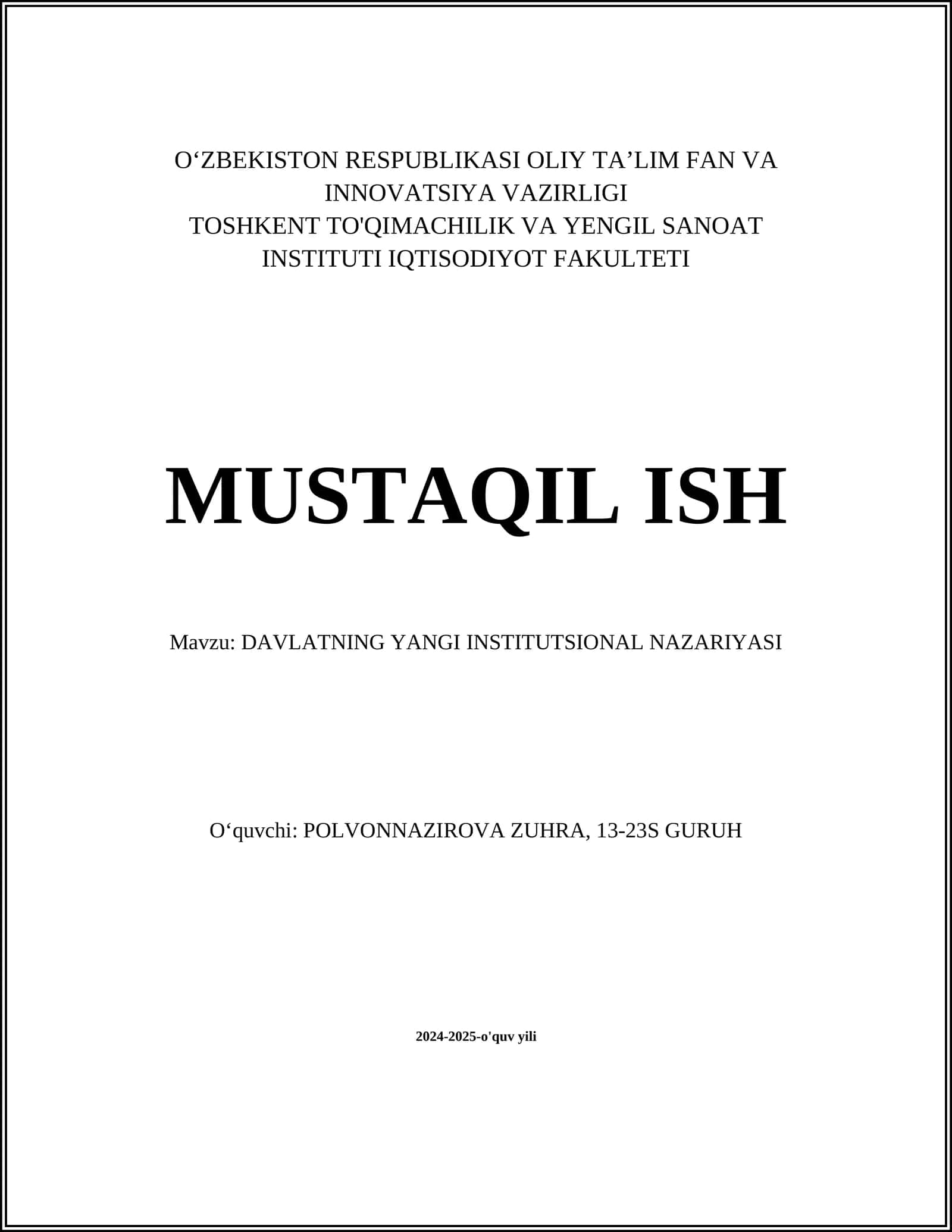 DAVLATNING YANGI INSTITUTSIONAL NAZARIYASI