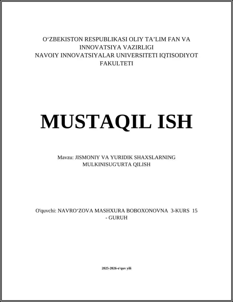 Jismoniy va yuridik shaxslarning mulkni sug'urta qilish tushunchasi va mohiyati