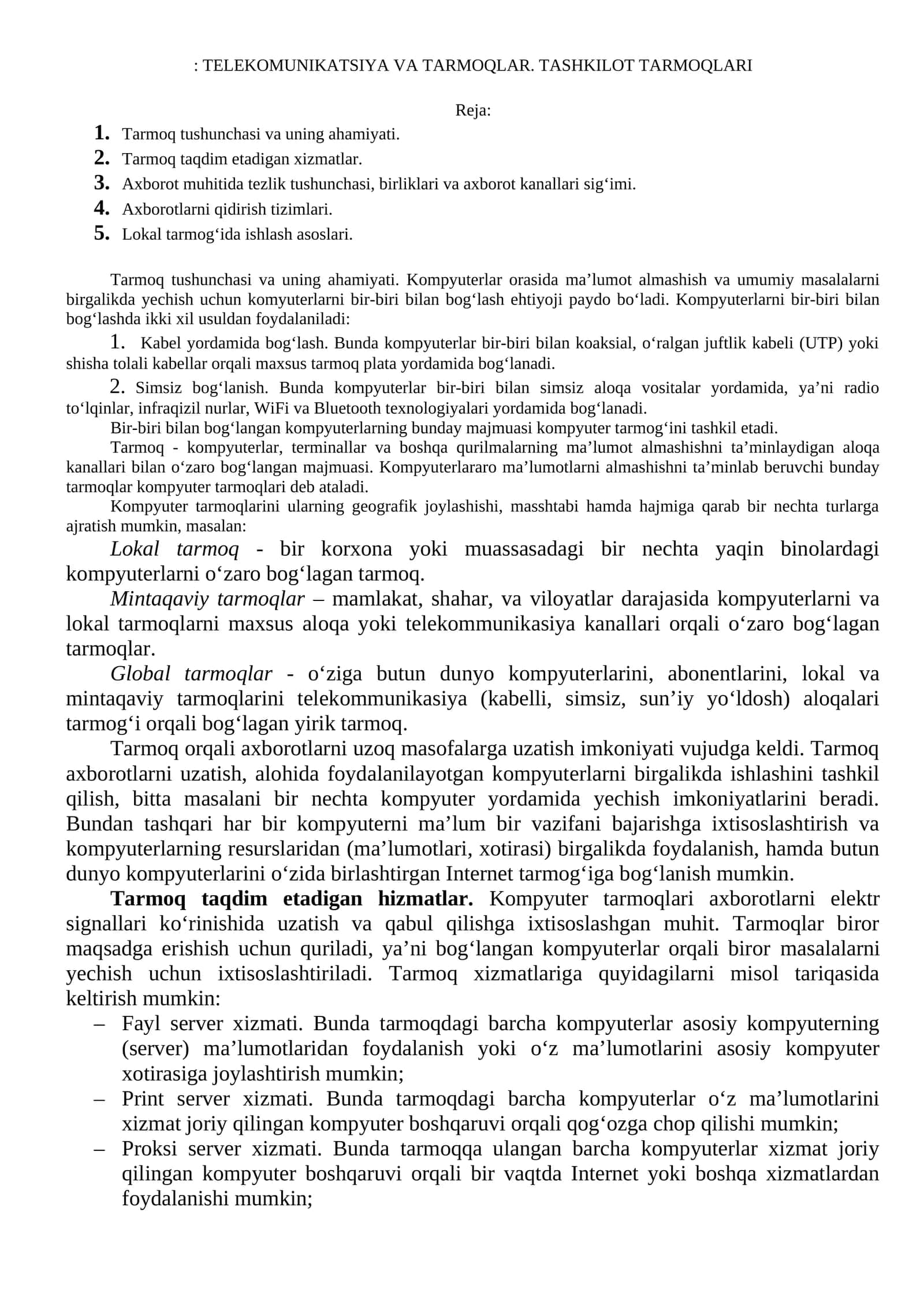 TELEKOMUNIKATSIYA VA TARMOQLAR. TASHKILOT TARMOQLARI