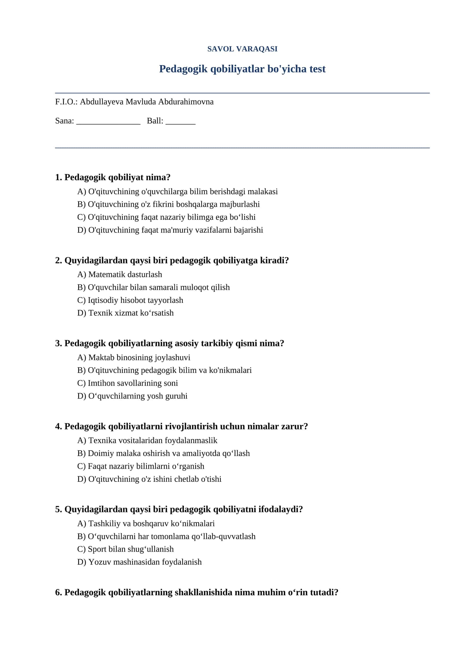 Pedagogik qobiliyatlar bo'yicha test