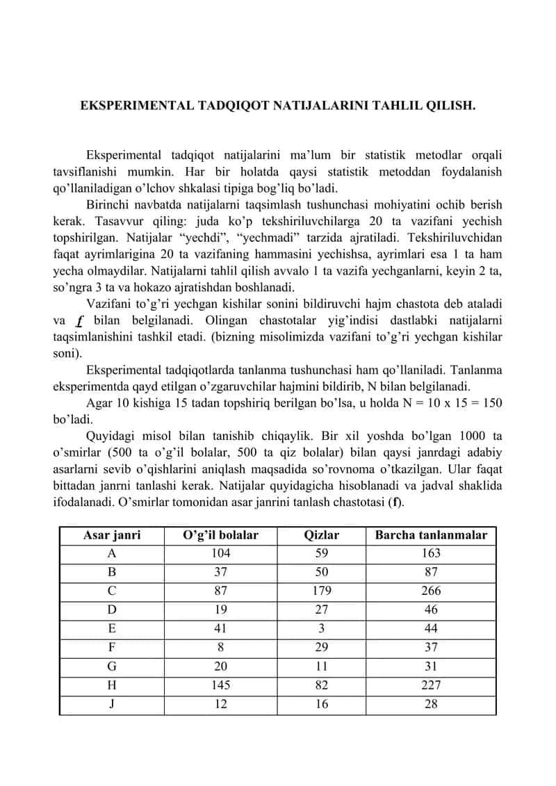 Eksperimental Tadqiqot Natijalarini Tahlil Qilish