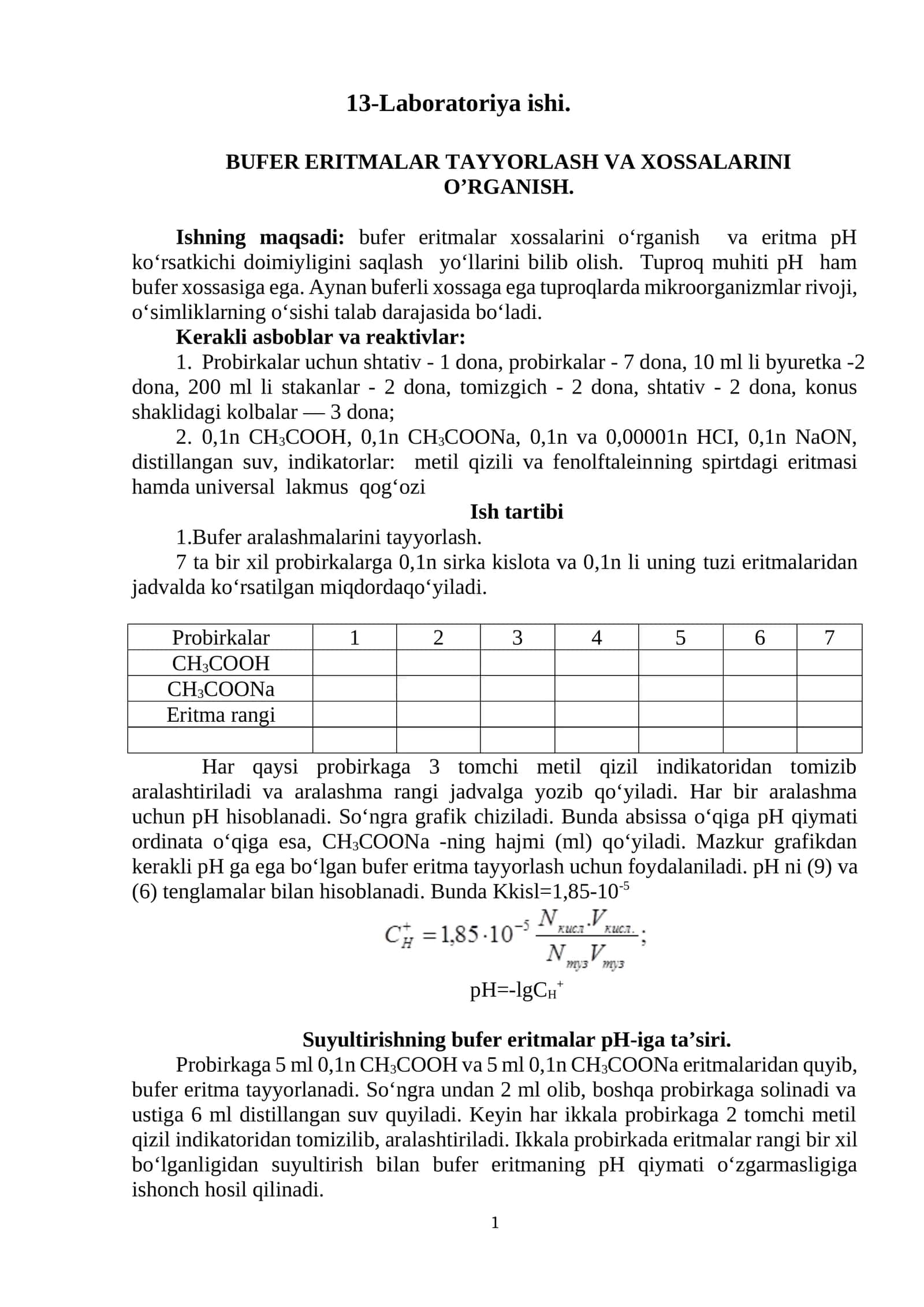 Laboratoriya ishi: Bufer eritmalar tayyorlash va xossalarini o’rganish