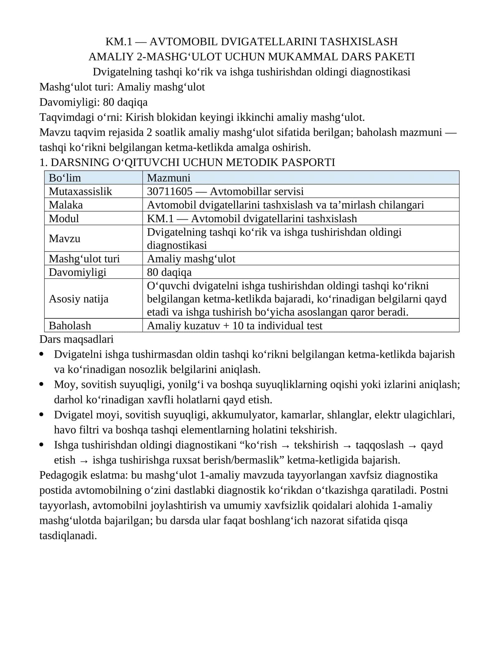 KM.1 — AVTOMOBIL DVIGATELLARINI TASHXISLASH.Amaliy_2_Dvigatelning_tashqi_korik_va_ishga_tushirishdan_oldingi_diagnostikasi