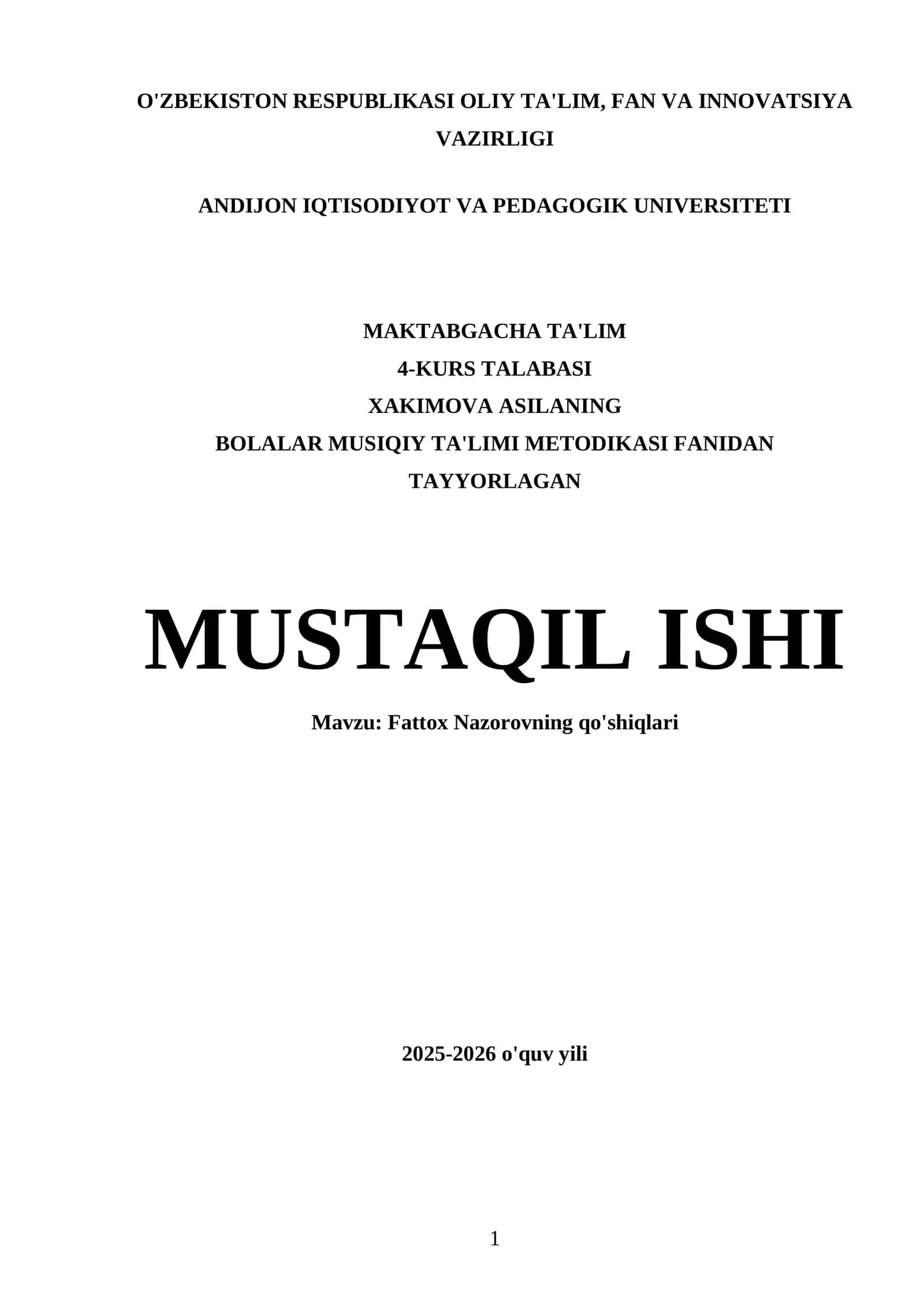 BOLALAR MUSIQIY TA'LIMI METODIKASI FANIDAN TAYYORLAGAN