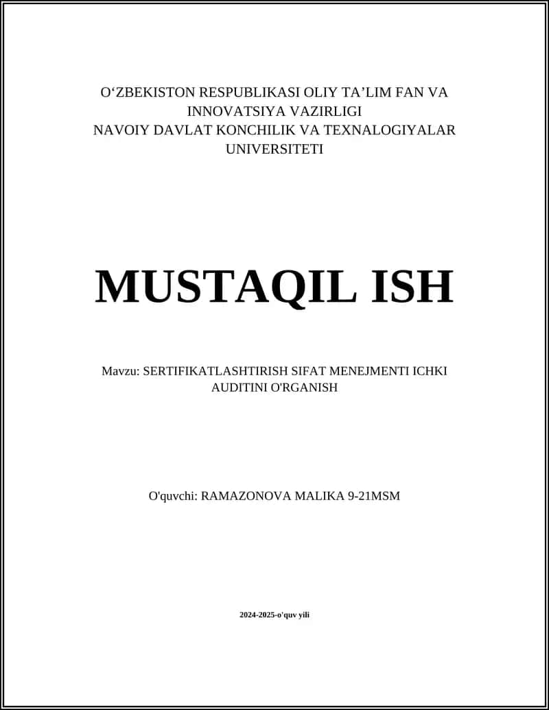 SERTIFIKATLASHTIRISH SIFAT MENEJMENTI ICHKI AUDITINI O'RGANISH