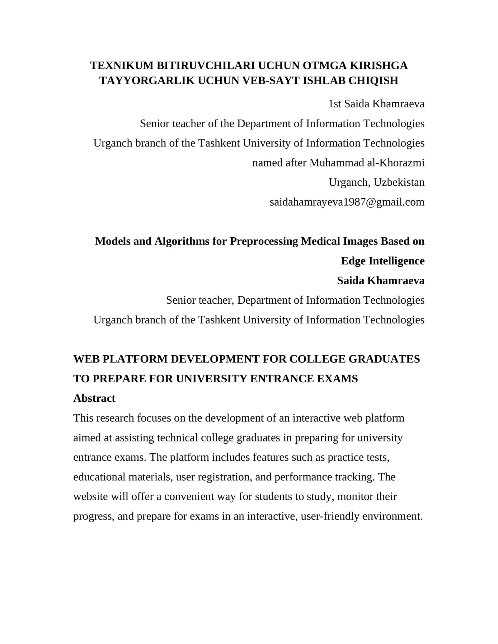 TEXNIKUM BITIRUVCHILARI UCHUN OTMGA KIRISHGA TAYYORGARLIK UCHUN VEB-SAYT ISHLAB CHIQISH