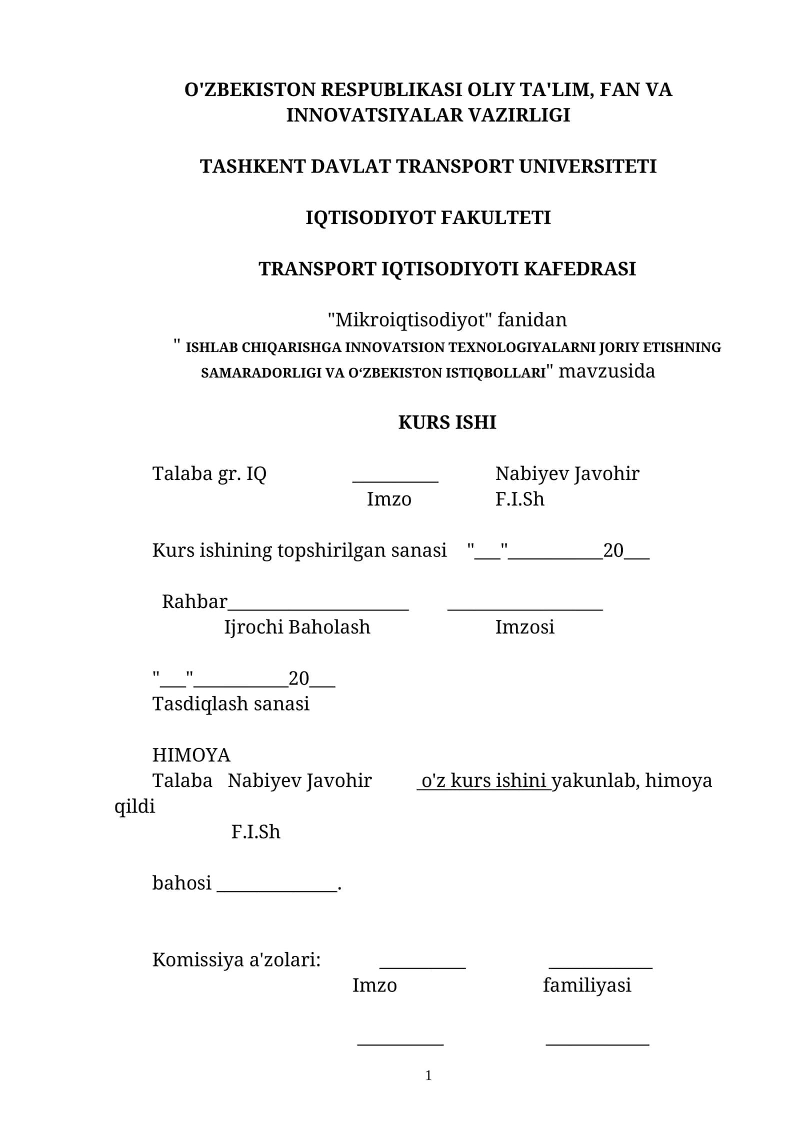 " ISHLAB CHIQARISHGA INNOVATSION TEXNOLOGIYALARNI JORIY ETISHNING SAMARADORLIGI VA O‘ZBEKISTON ISTIQBOLLARI" mavzusi