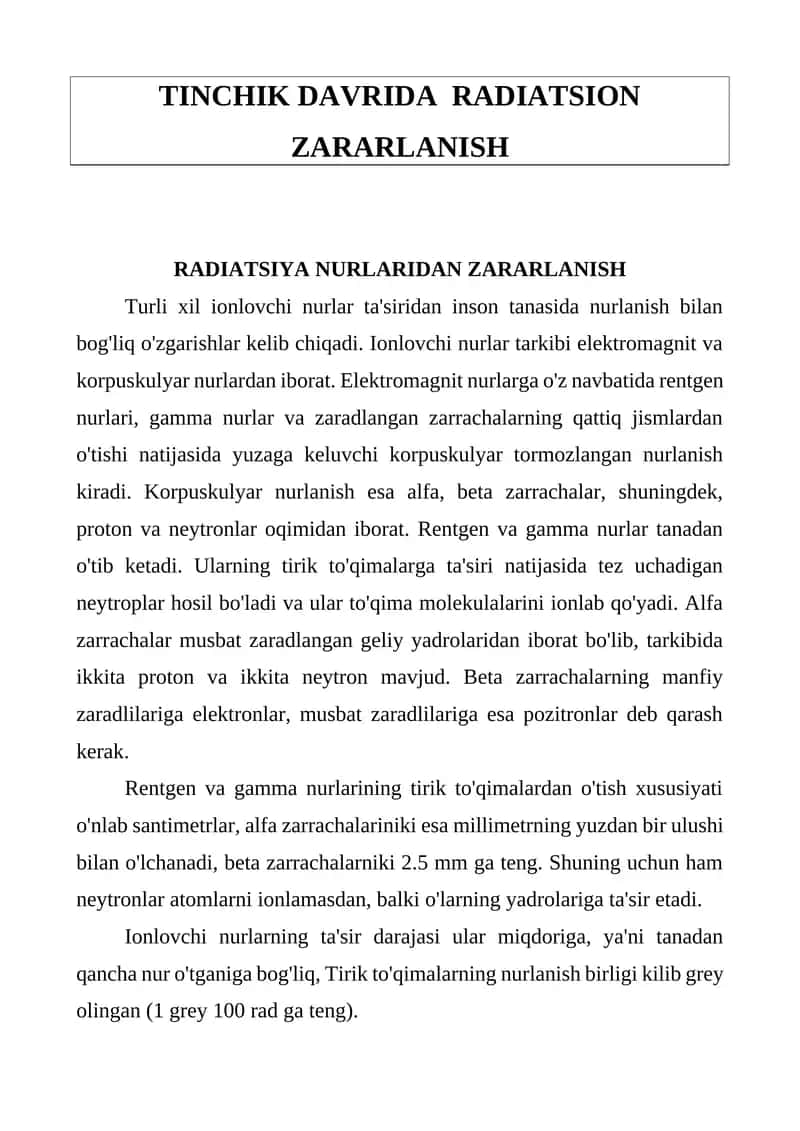 TINCHIK DAVRIDA RADIATSION ZARARLANISH
