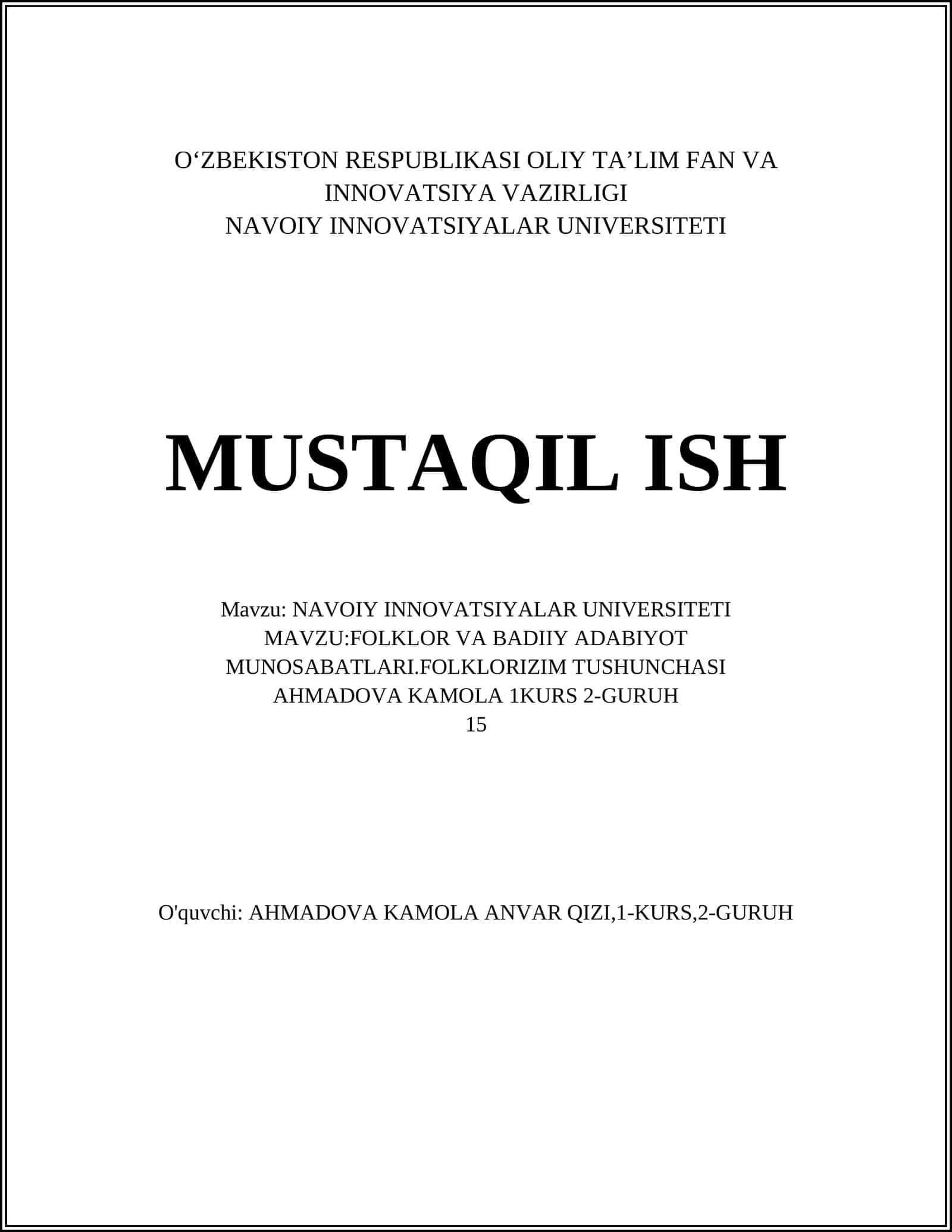 FOLKLOR VA BADIIY ADABIYOT MUNOSABATLARI.FOLKLORIZIM TUSHUNCHASI