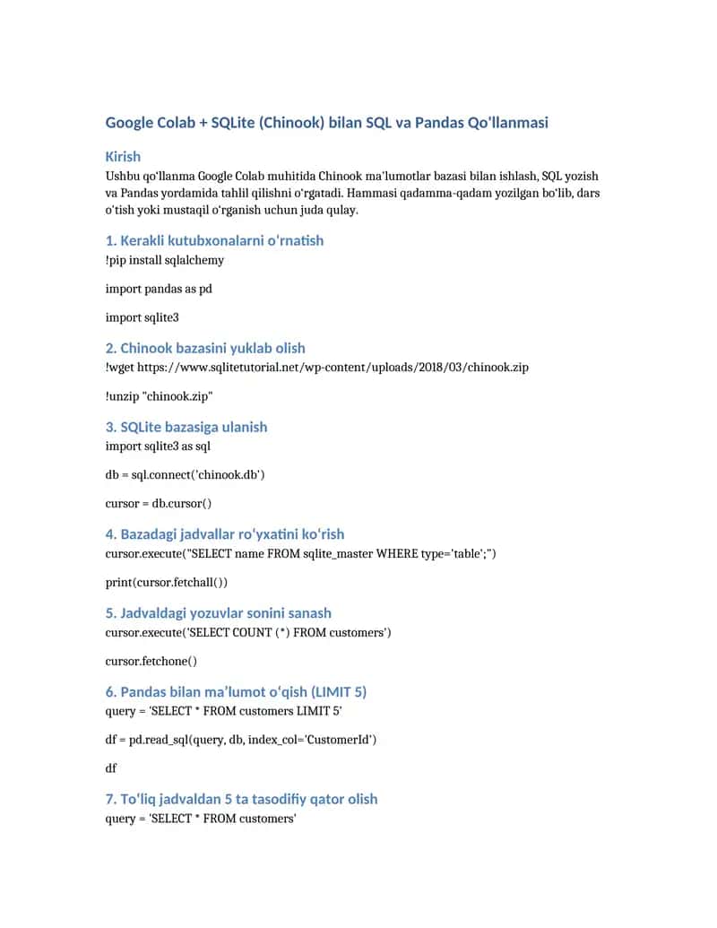 Google Colab + SQLite (Chinook) bilan SQL va Pandas Qo'llanmasi