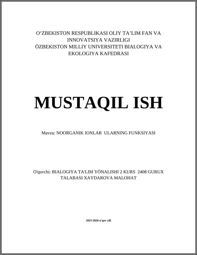 NOORGANIK IONLAR ULARNING FUNKSIYASI