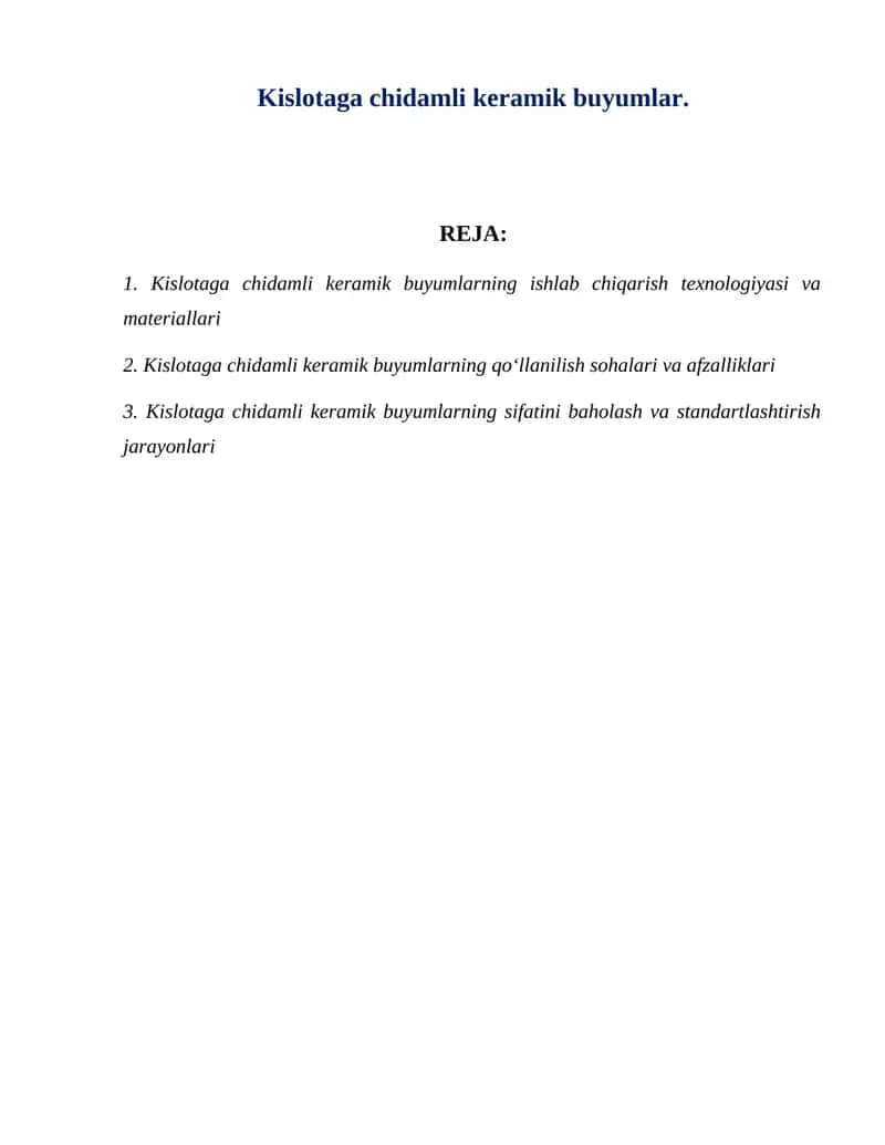 Kislotaga chidamli keramik buyumlar