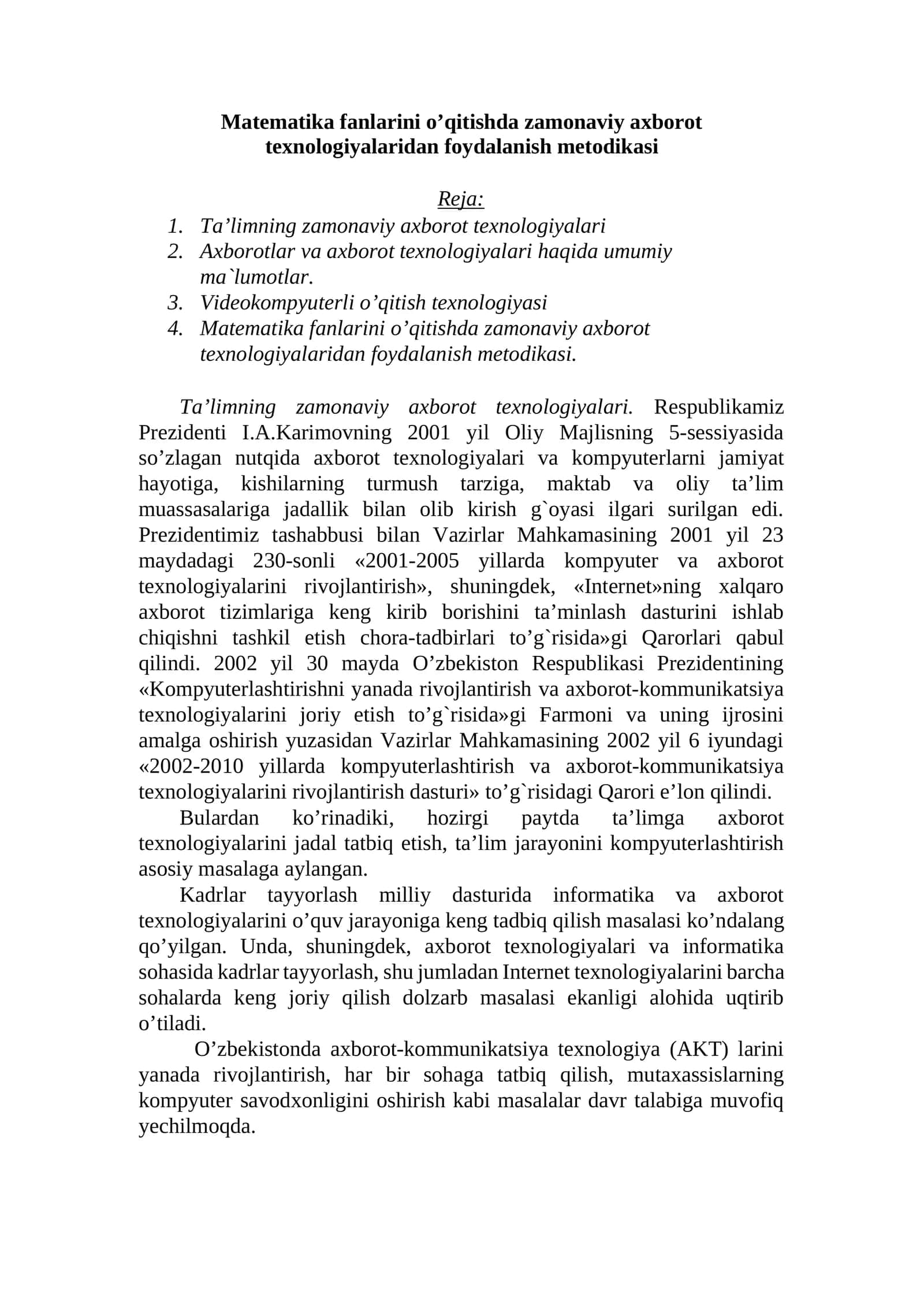 Matematika fanlarini o’qitishda zamonaviy axborot texnologiyalaridan foydalanish metodikasi