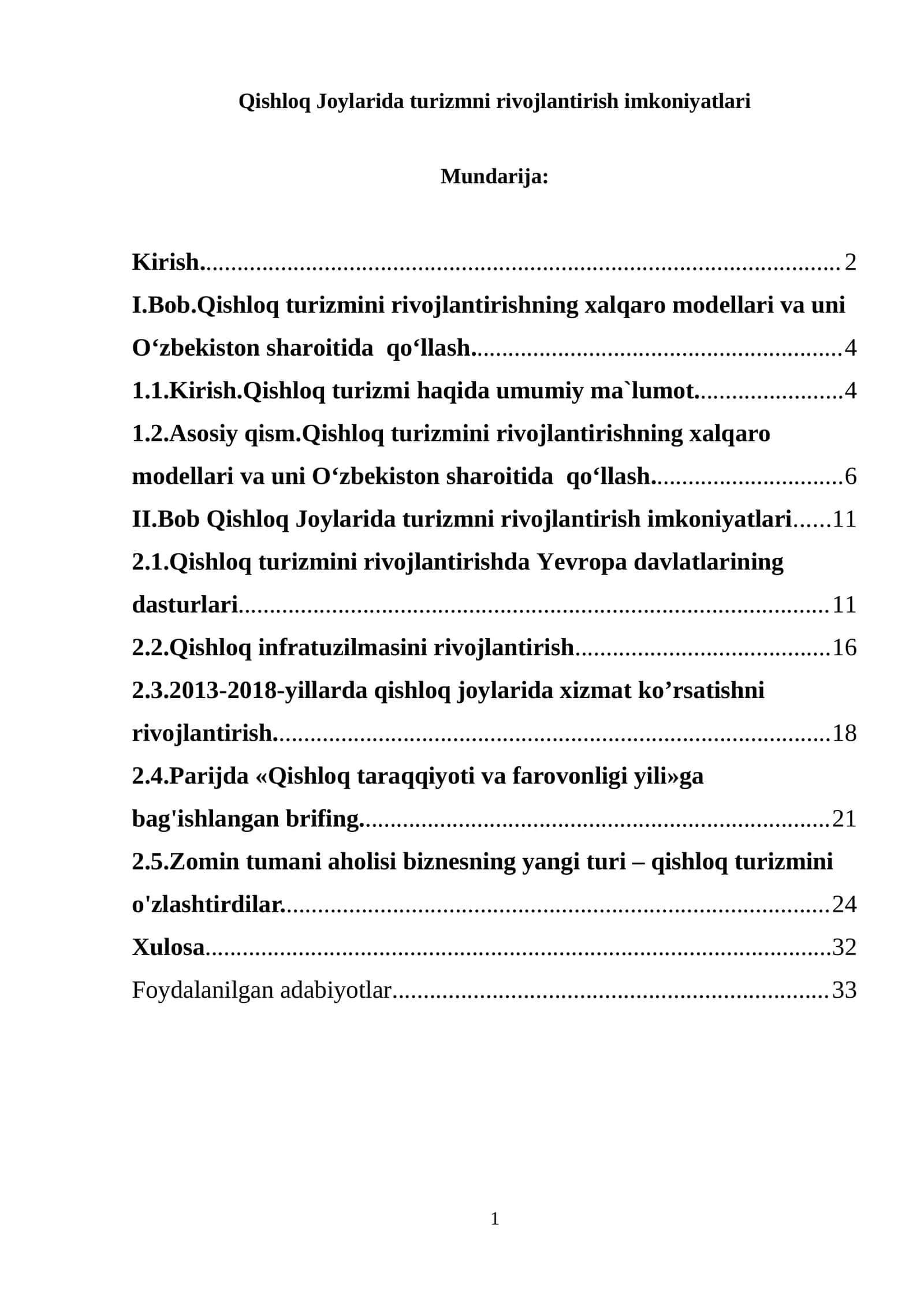 Qishloq Joylarida turizmni rivojlantirish imkoniyatlari