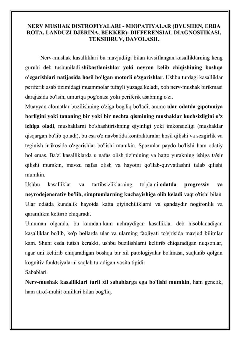 Nerv Mushak Distrofiyalari - Miopatiyalar (Dyushen, Erba Rota, Landuzi Djerina, Bekker)