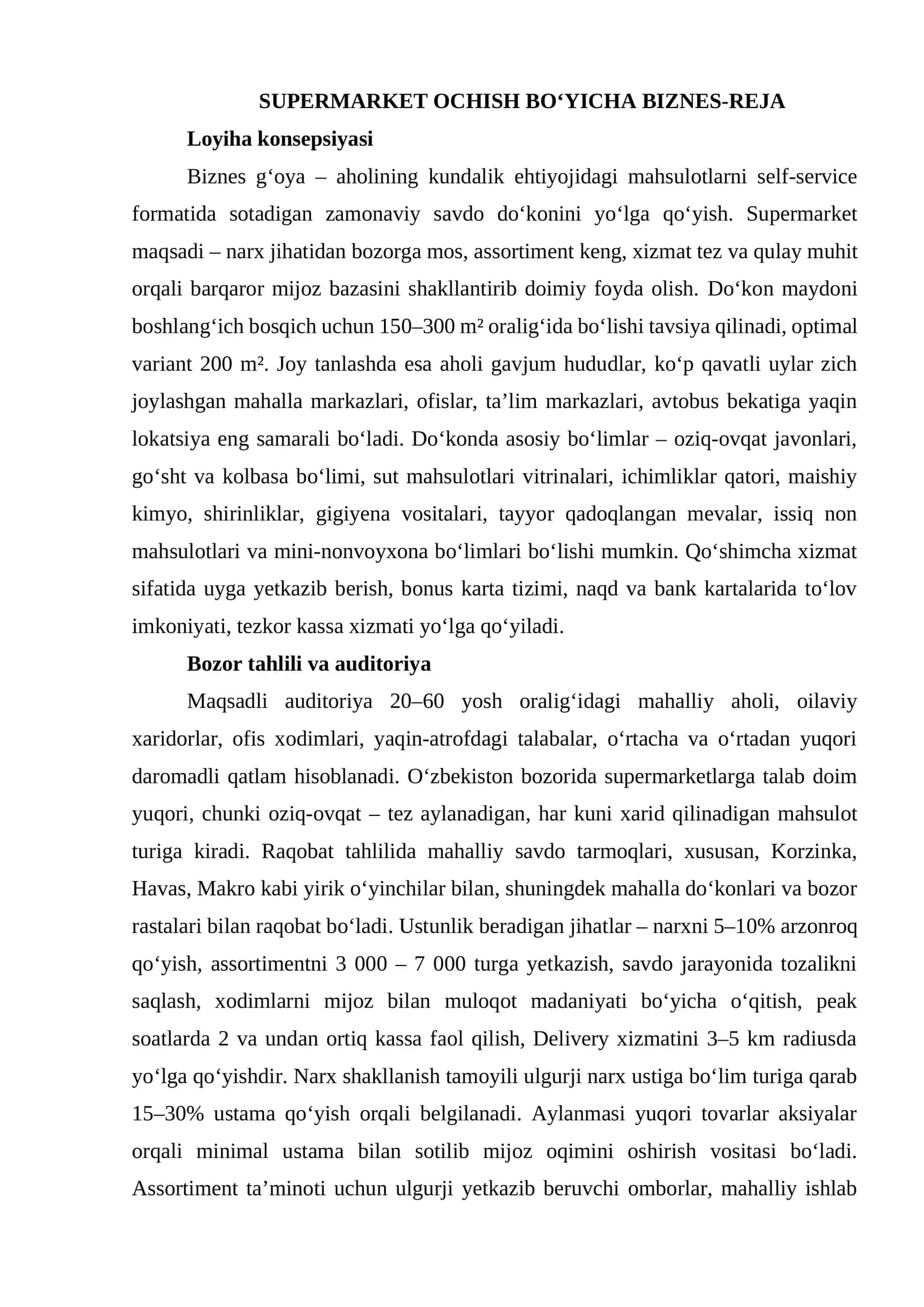 SUPERMARKET OCHISH BO‘YICHA BIZNES-REJA