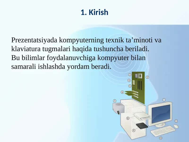 Prezentatsiyada kompyuterning texnik ta’minoti va klaviatura tugmalari haqida tushuncha beriladi. Bu bilimlar foydalanuvchiga kompyuter bilan samarali ishlashda yordam beradi.