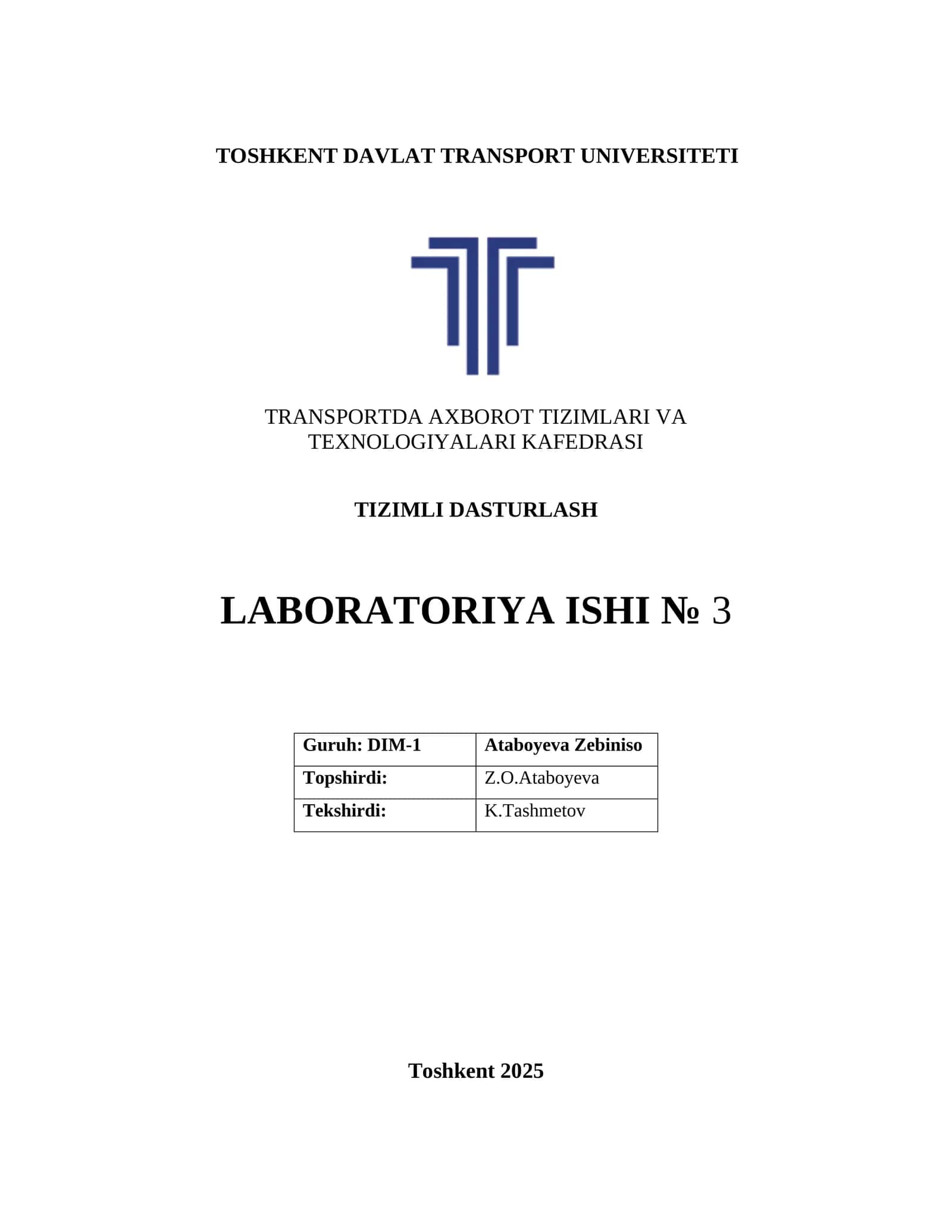 Tizimli dasturlash LABORATORIYA ISHI № 3