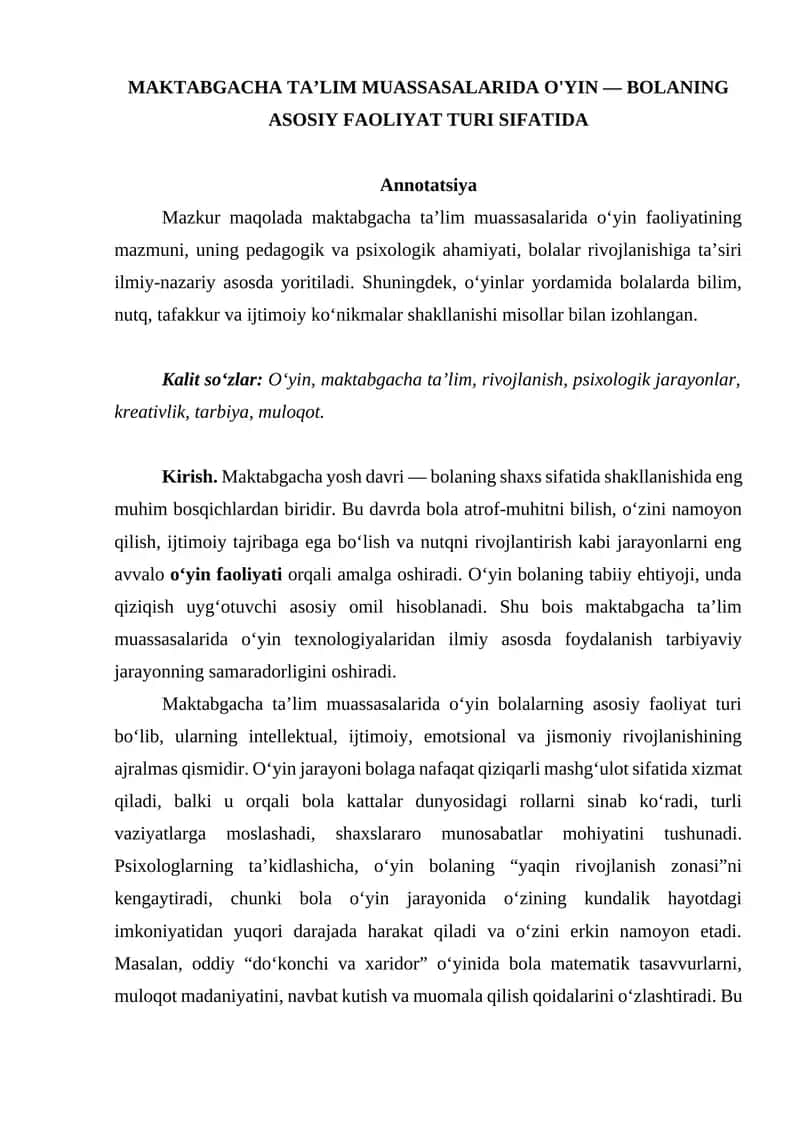 MAKTABGACHA TA’LIM MUASSASALARIDA O'YIN — BOLANING ASOSIY FAOLIYAT TURI SIFATIDA