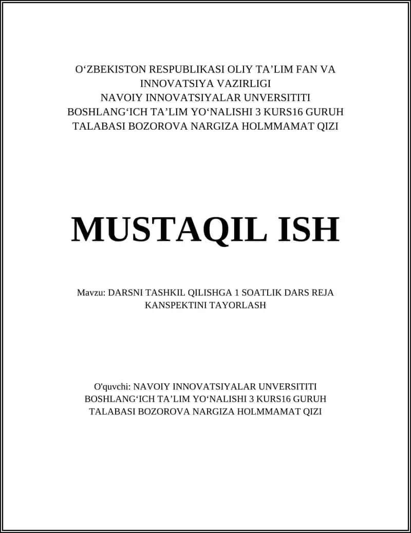 DARSNI TASHKIL QILISHGA 1 SOATLIK DARS REJA KANSPEKTINI TAYORLASH