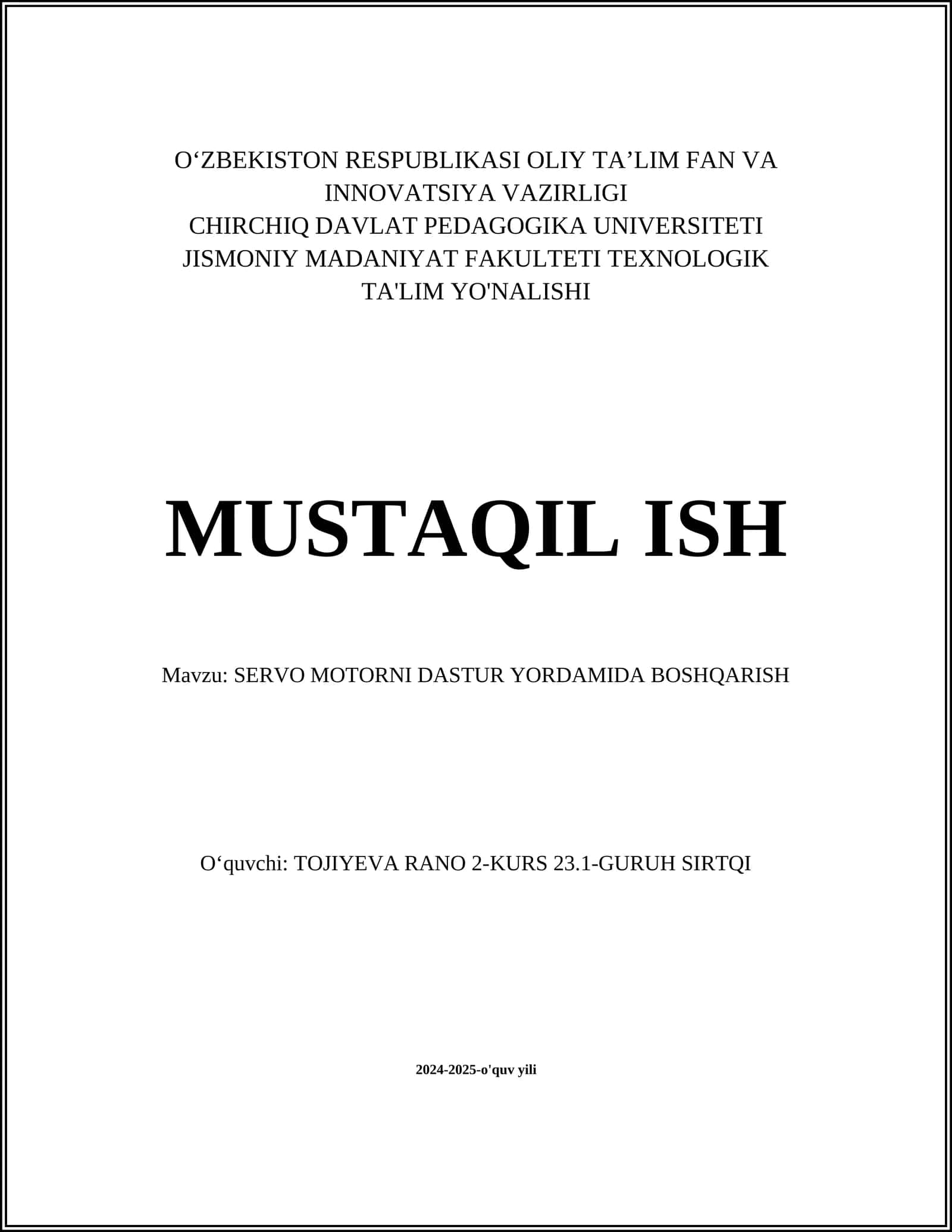 SERVO MOTORNI DASTUR YORDAMIDA BOSHQARISH