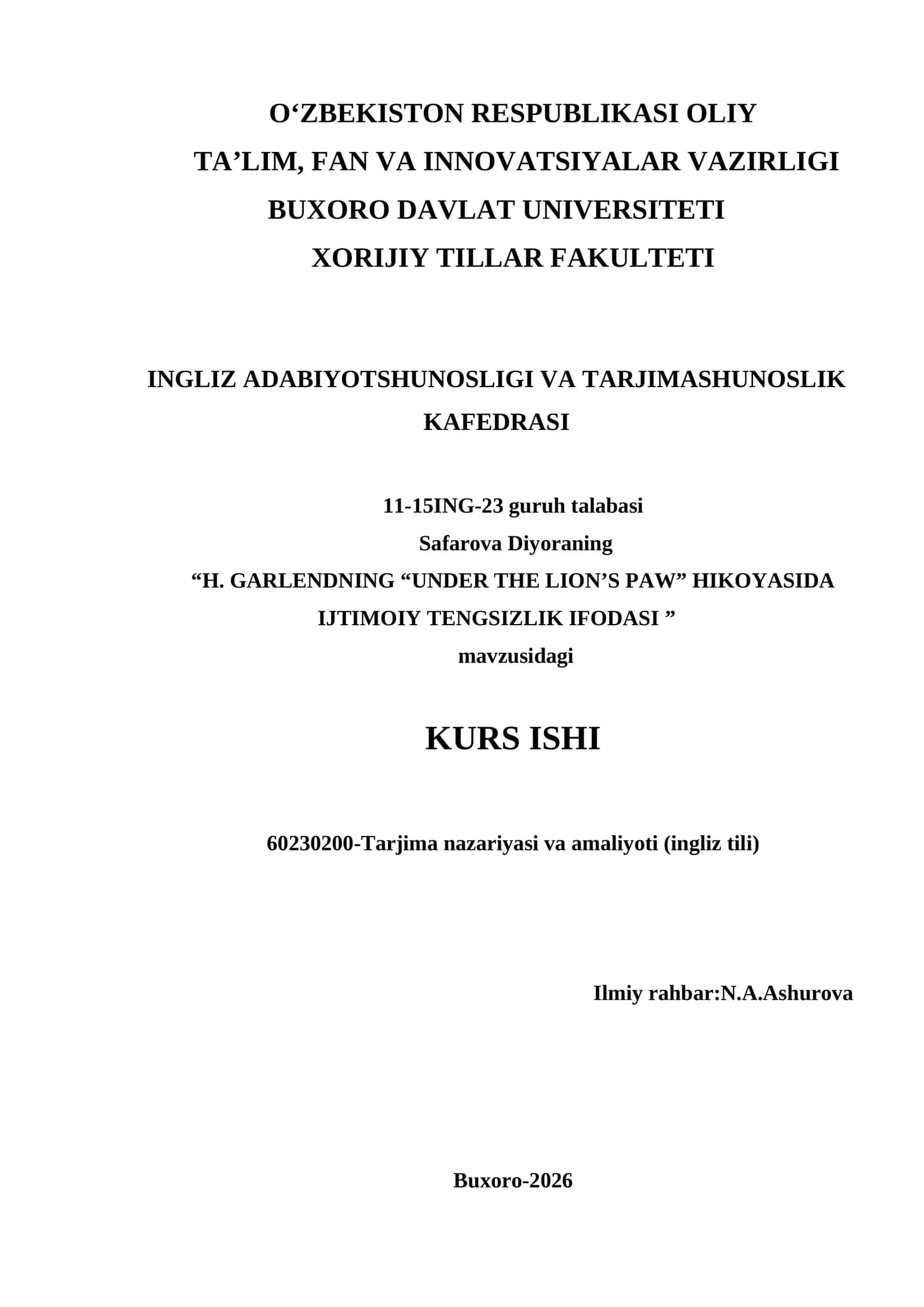 H. Garlendning “Under the Lion’s Paw” hikoyasida ijtimoiy tengsizlik ifodasi