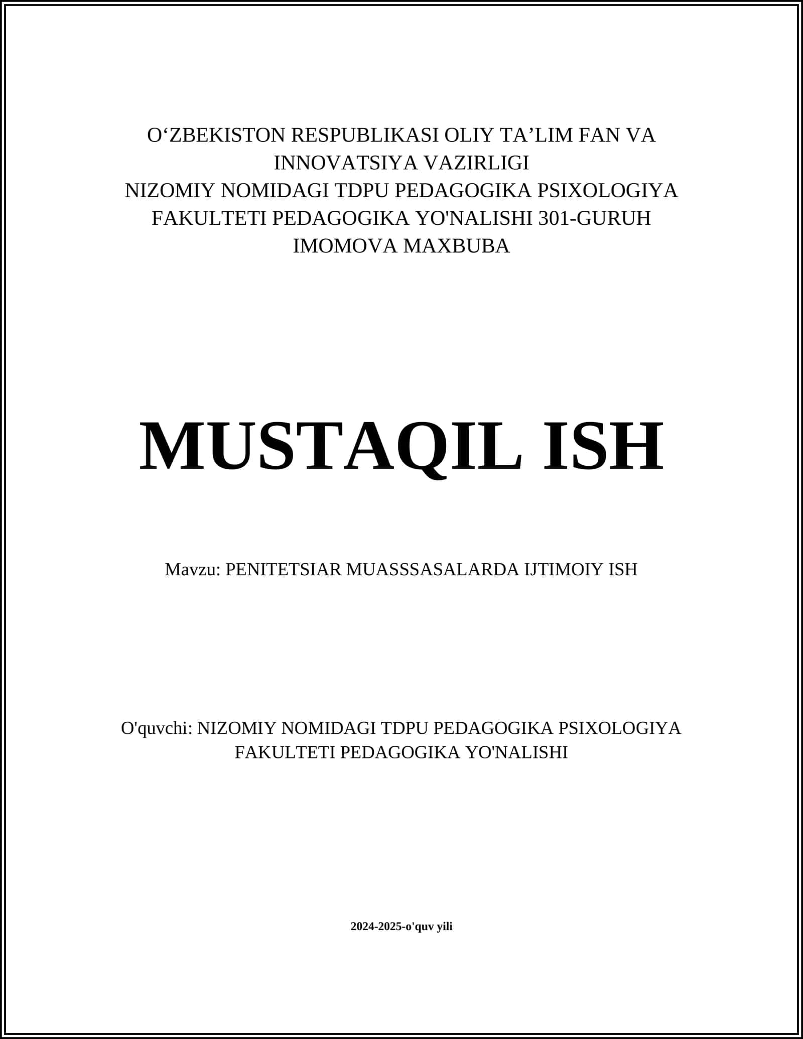 PENITETSIAR MUASSSASALARDA IJTIMOIY ISH