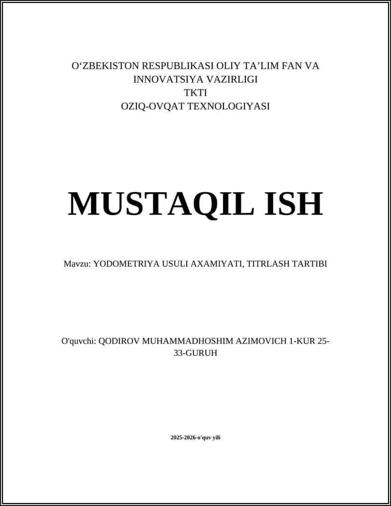 Yodometriya Usuli Axamitayi, Titrlash Tartibi
