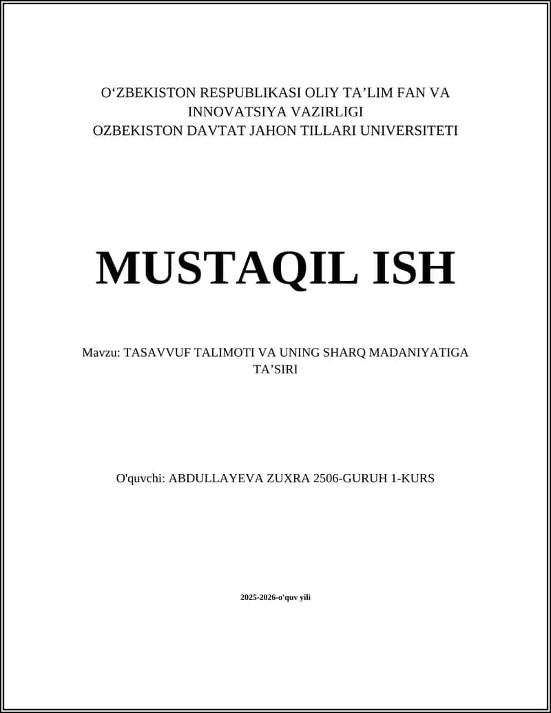 TASAVVUF TALIMOTI VA UNING SHARQ MADANIYATIGA TA’SIRI
