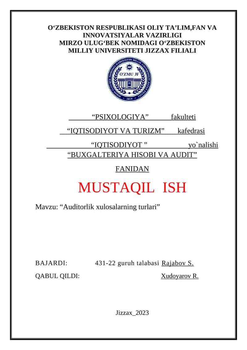 Reja: I. Kirish II. Asosiy qism 2.1. Majburiy auditorlik tekshiruvi. 2.2. Tashabbus tarzidagi (ixtiyoriy) auditorlik tekshiruvi. 2.3. Nazorat qiluvchi yoki huquqni muhofaza qiluvchi organlar tashabbusiga ko‘ra audit o‘tkazish xususiyatlari. 2.4. Auditorlik tashkilotlarining professional xizmatlari III. Xulosa IV. Foydalanilgan adabiyotlar