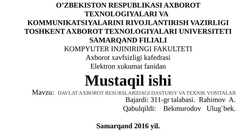 DAVLAT AXBOROT RESURSLARIDAGI DASTURIY VA TEXNIK VOSITALAR