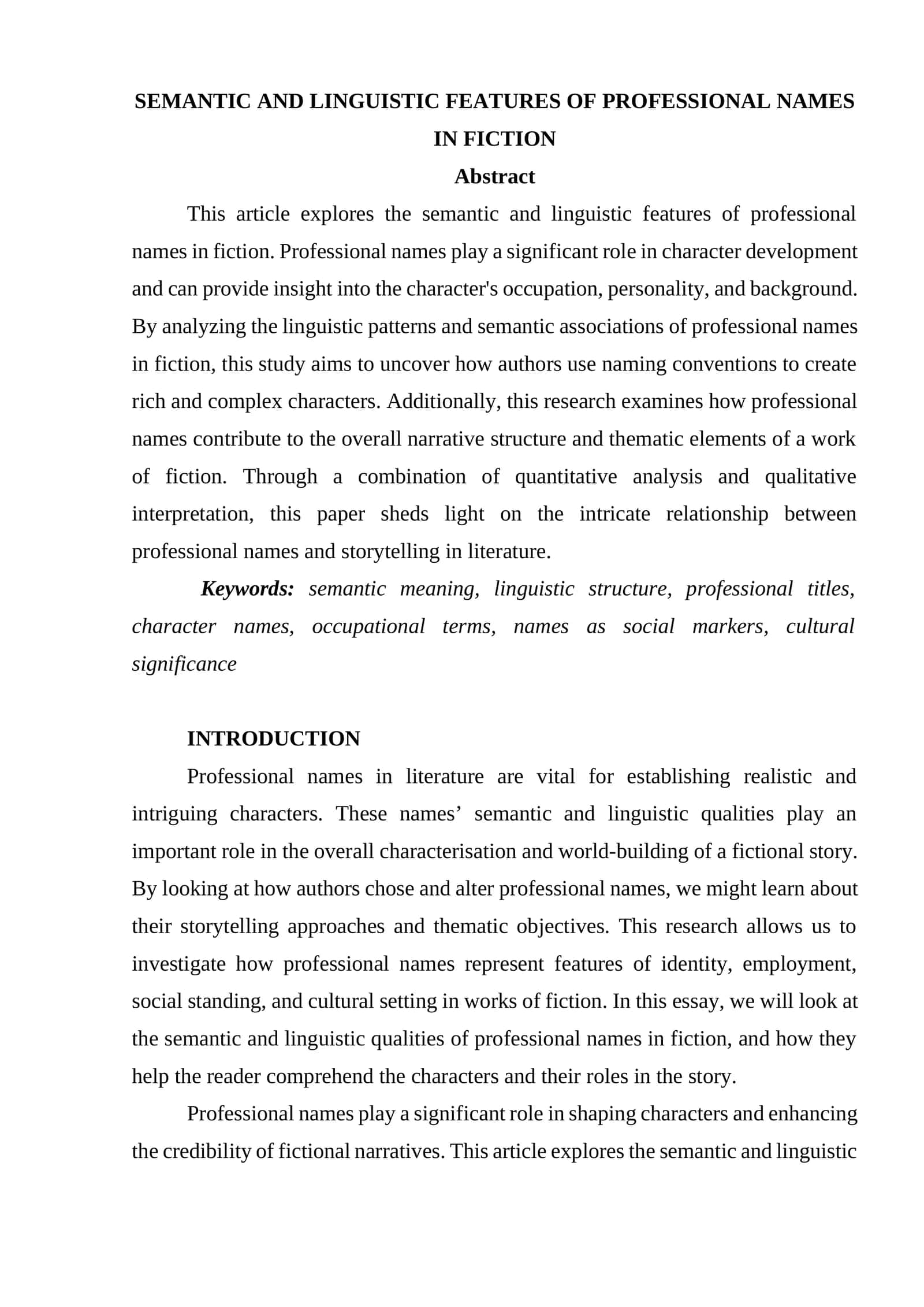 SEMANTIC AND LINGUISTIC FEATURES OF PROFESSIONAL NAMES IN FICTION