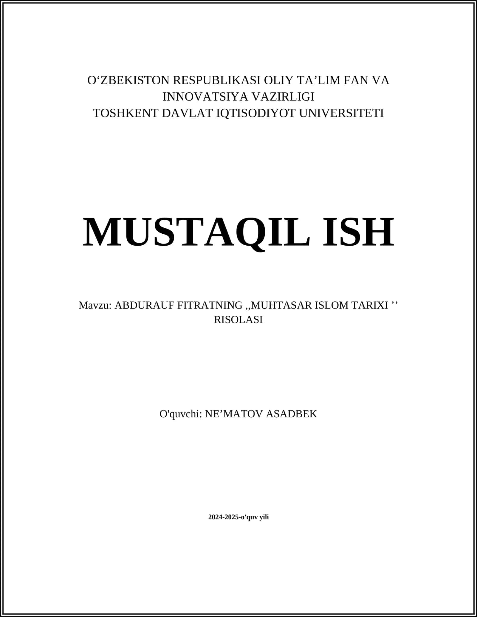 ABDURAUF FITRATNING,,MUHTASAR ISLOM TARIXI ʼʼ RISOLASI