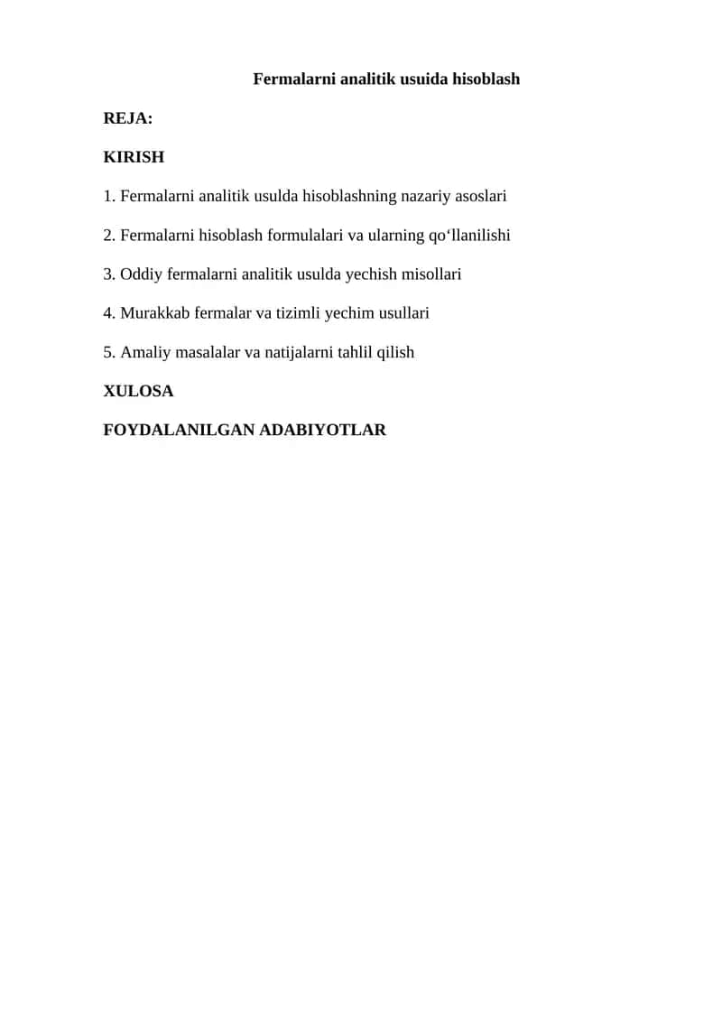 Fermalarni analitik usuida hisoblash