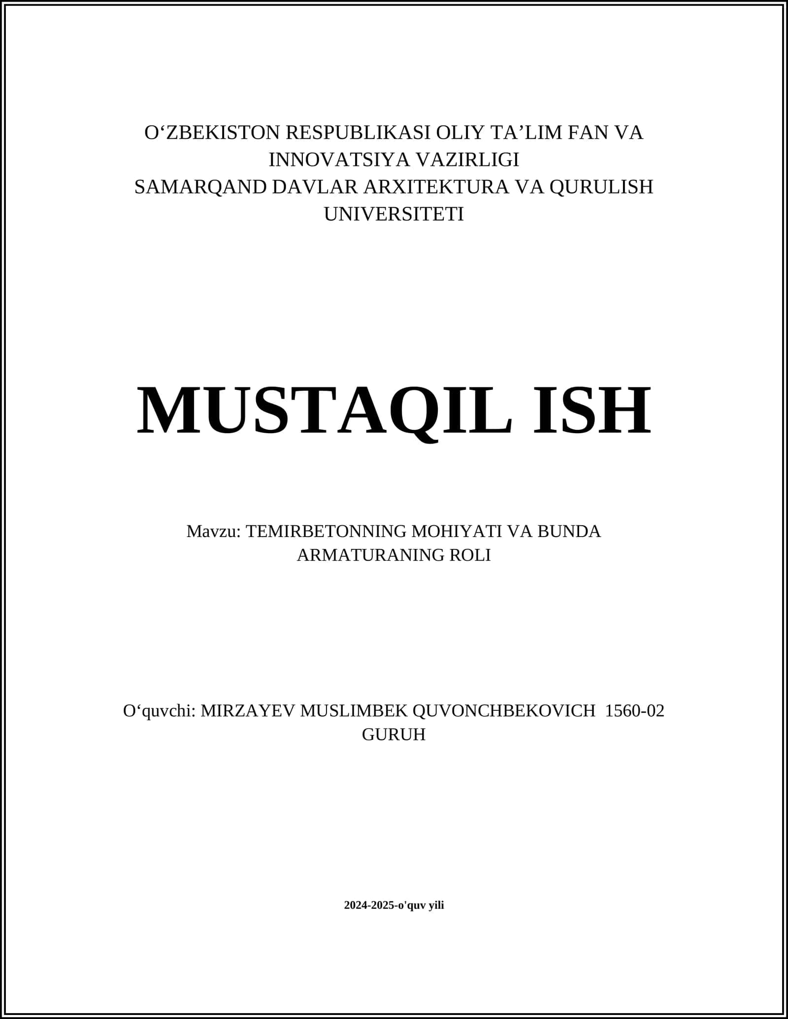 TEMIRBETONNING MOHIYATI VA BUNDA ARMATURANING ROLI