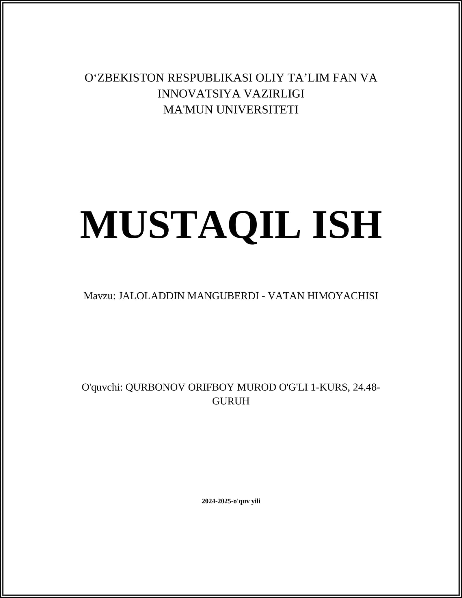 JALOLADDIN MANGUBERDI - VATAN HIMOYACHISI