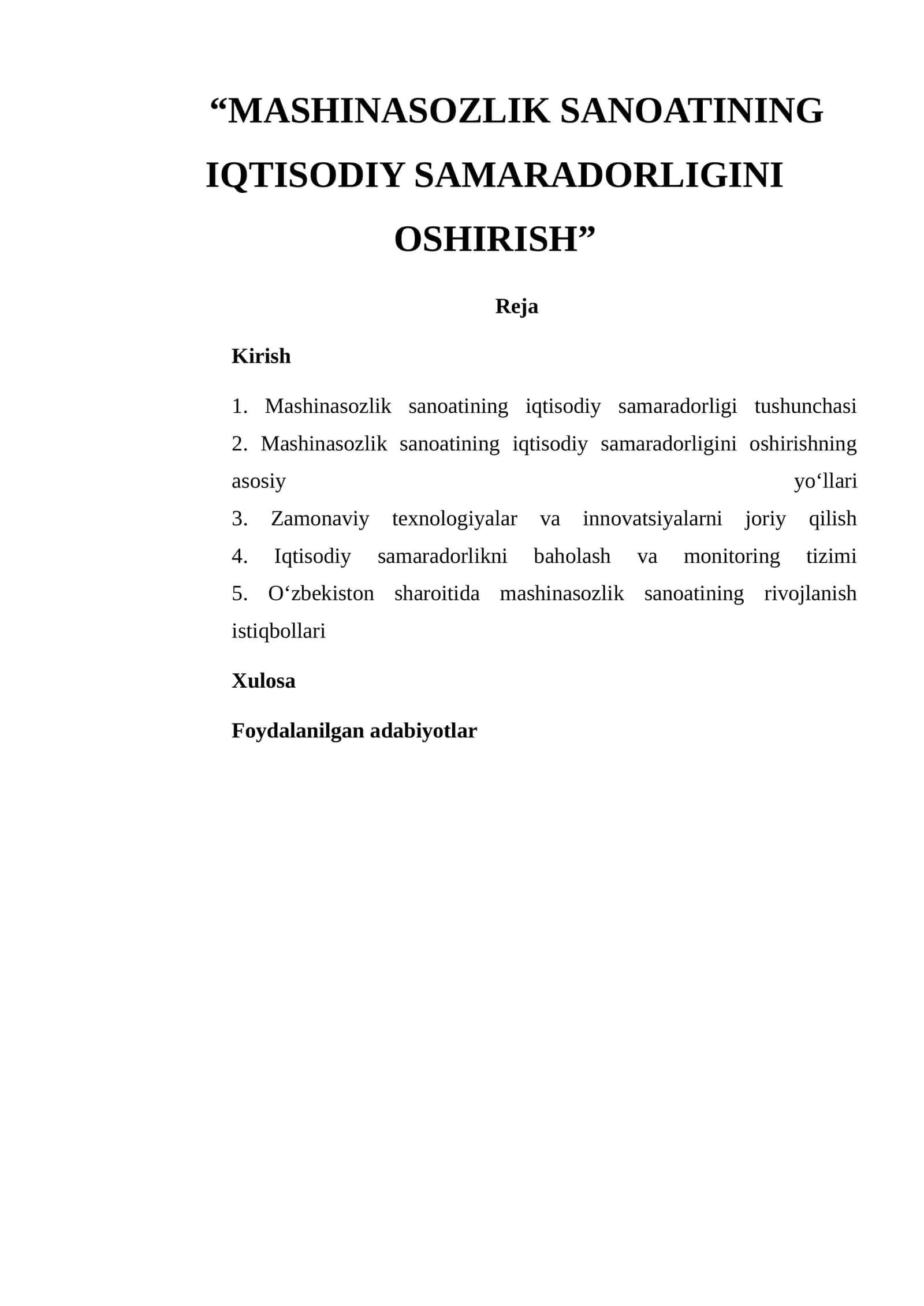 MASHINASOZLIK SANOATINING IQTISODIY SAMARADORLIGINI OSHIRISH