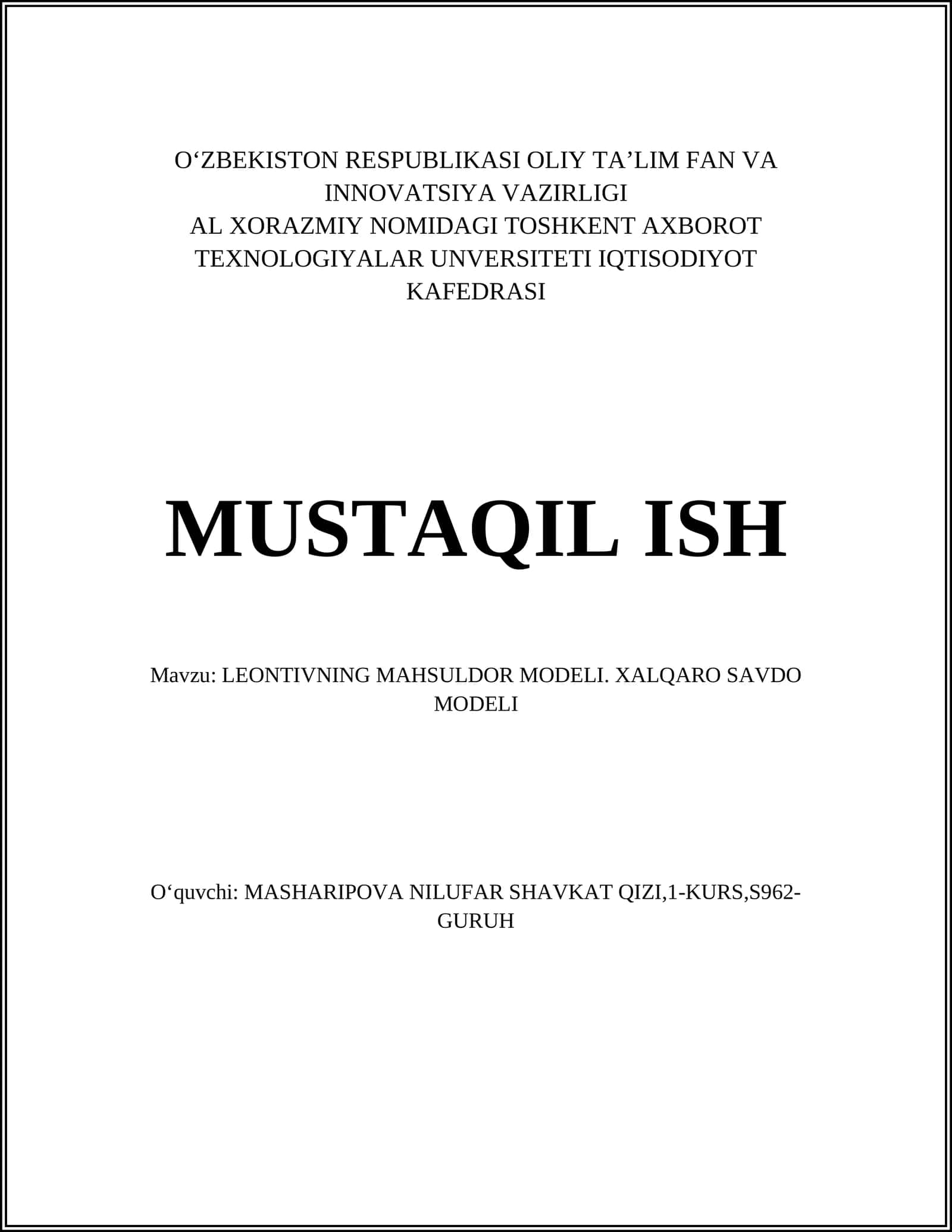 LEONTIVNING MAHSULDOR MODELI. XALQARO SAVDO MODELI
