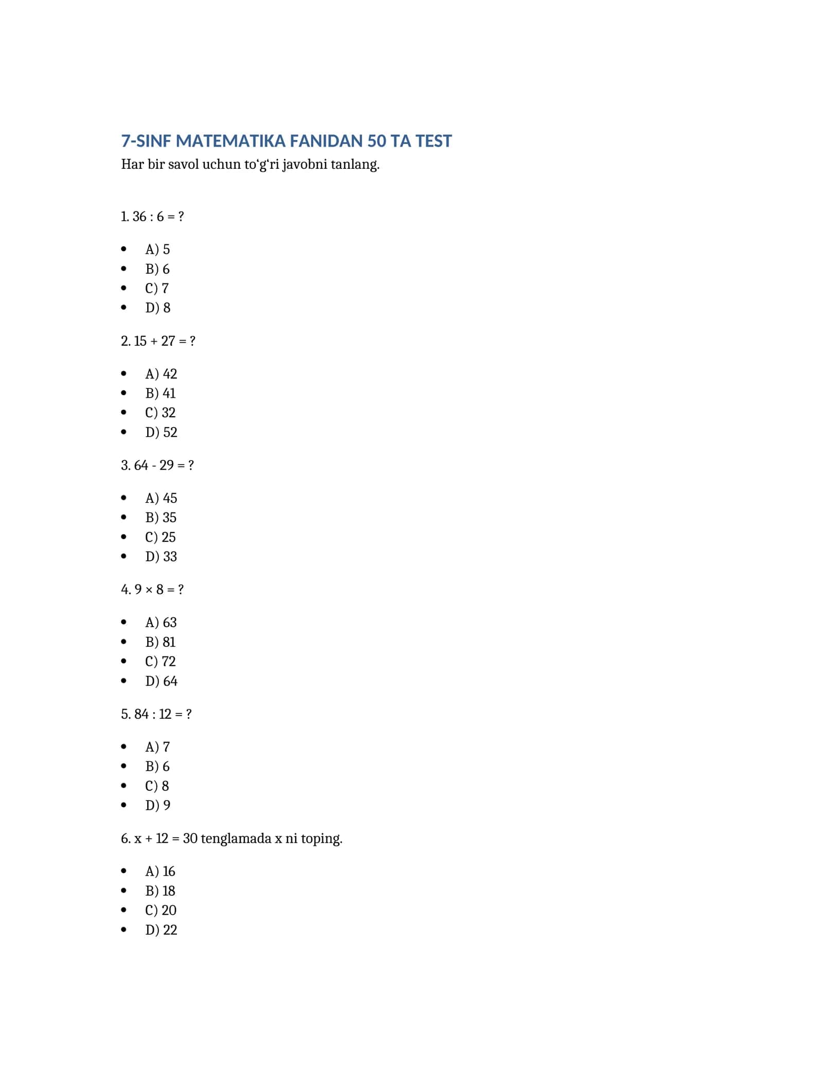 7-sinif matematika fanidan testlar to'plami (javoblar bilan)