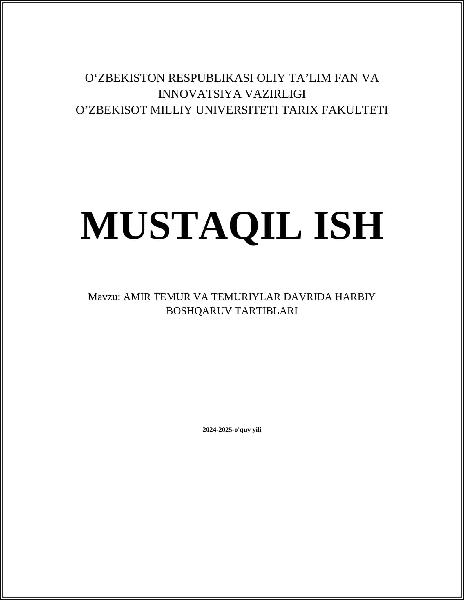 AMIR TEMUR VA TEMURIYLAR DAVRIDA HARBIY BOSHQARUV TARTIBLARI