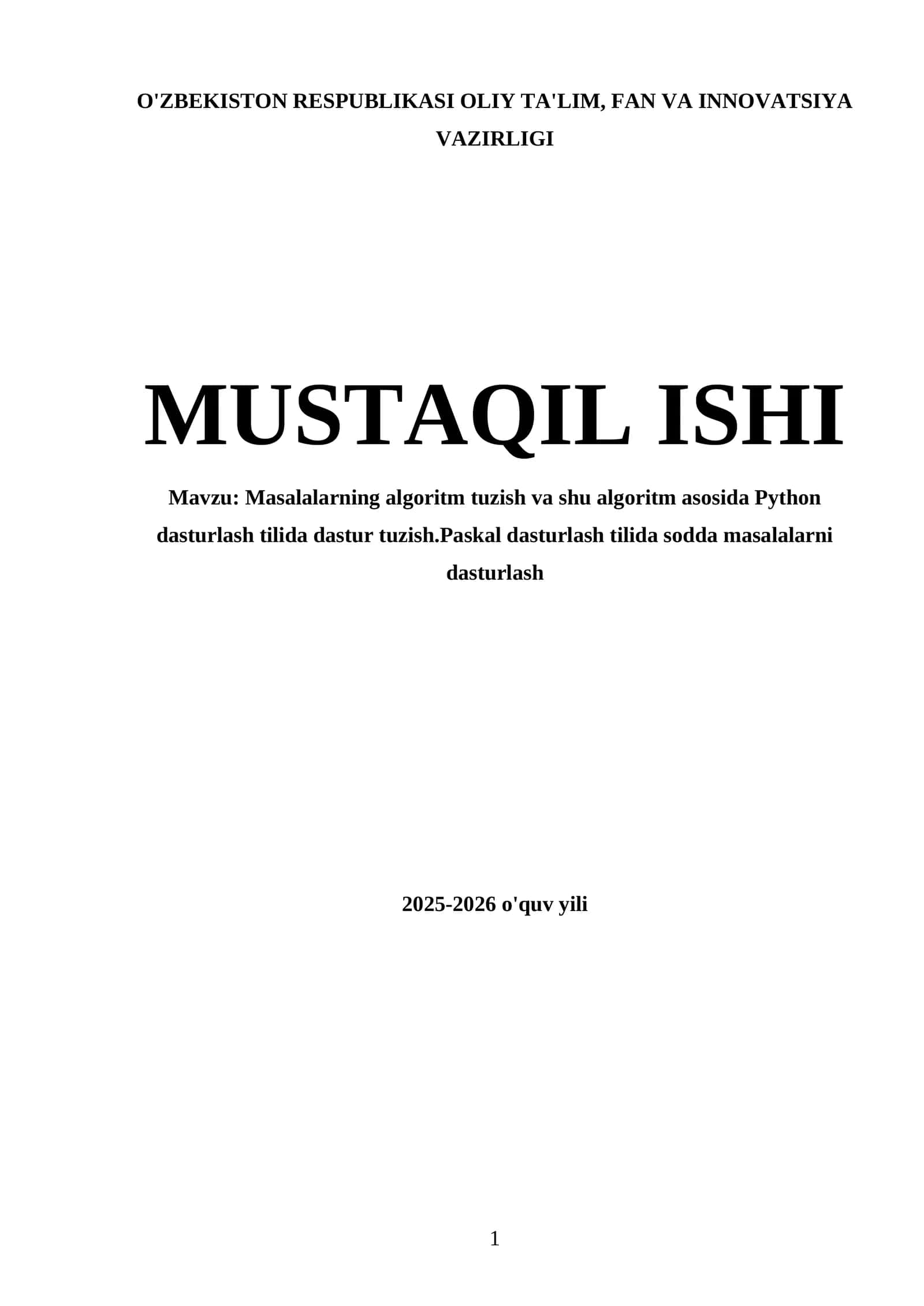 Masalalarning algoritm tuzish va shu algoritm asosida Python dasturlash tilida dastur tuzish
