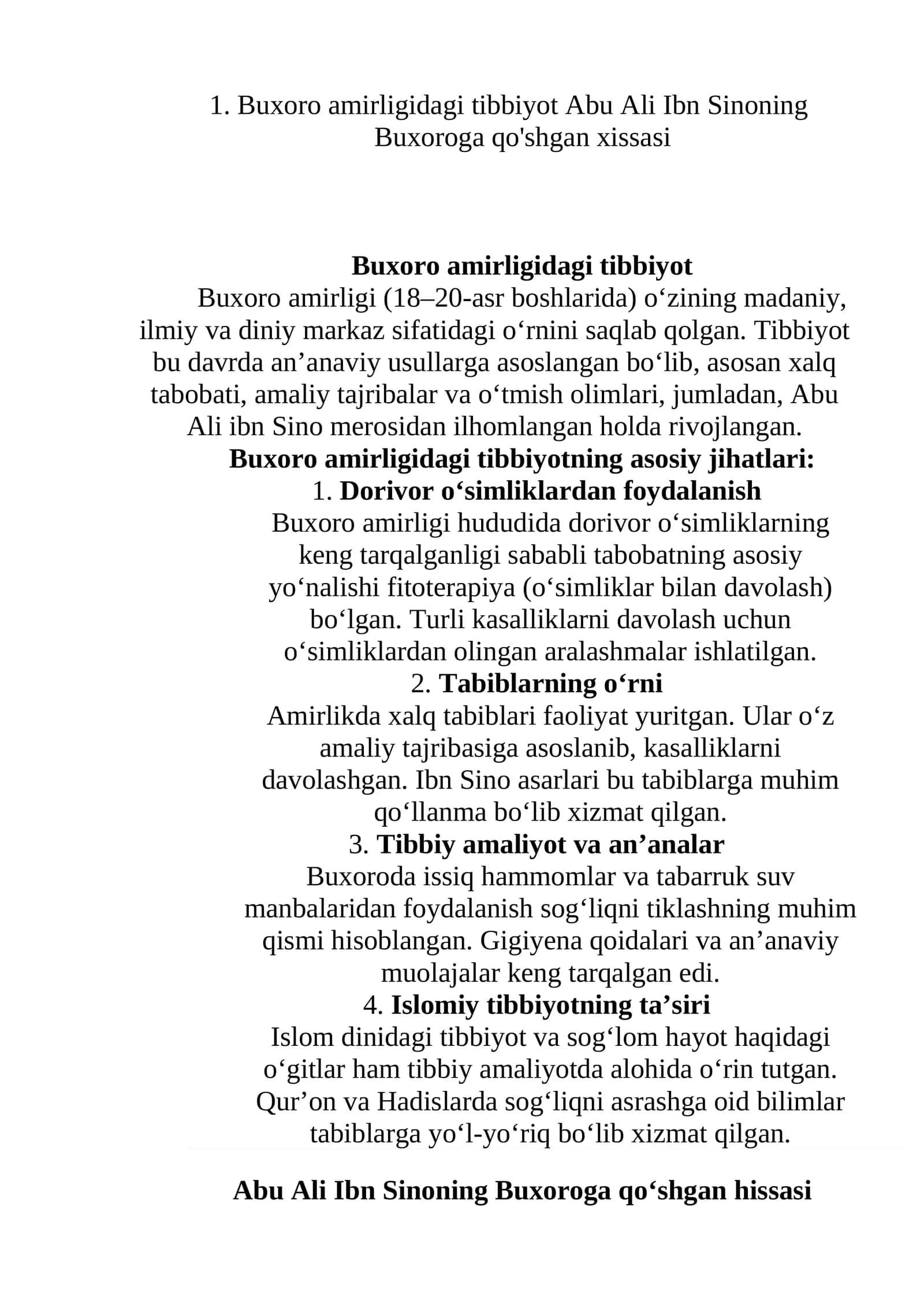 Buxoro amirligidagi tibbiyot Abu Ali Ibn Sinoning Buxoroga qo'shgan xissasi