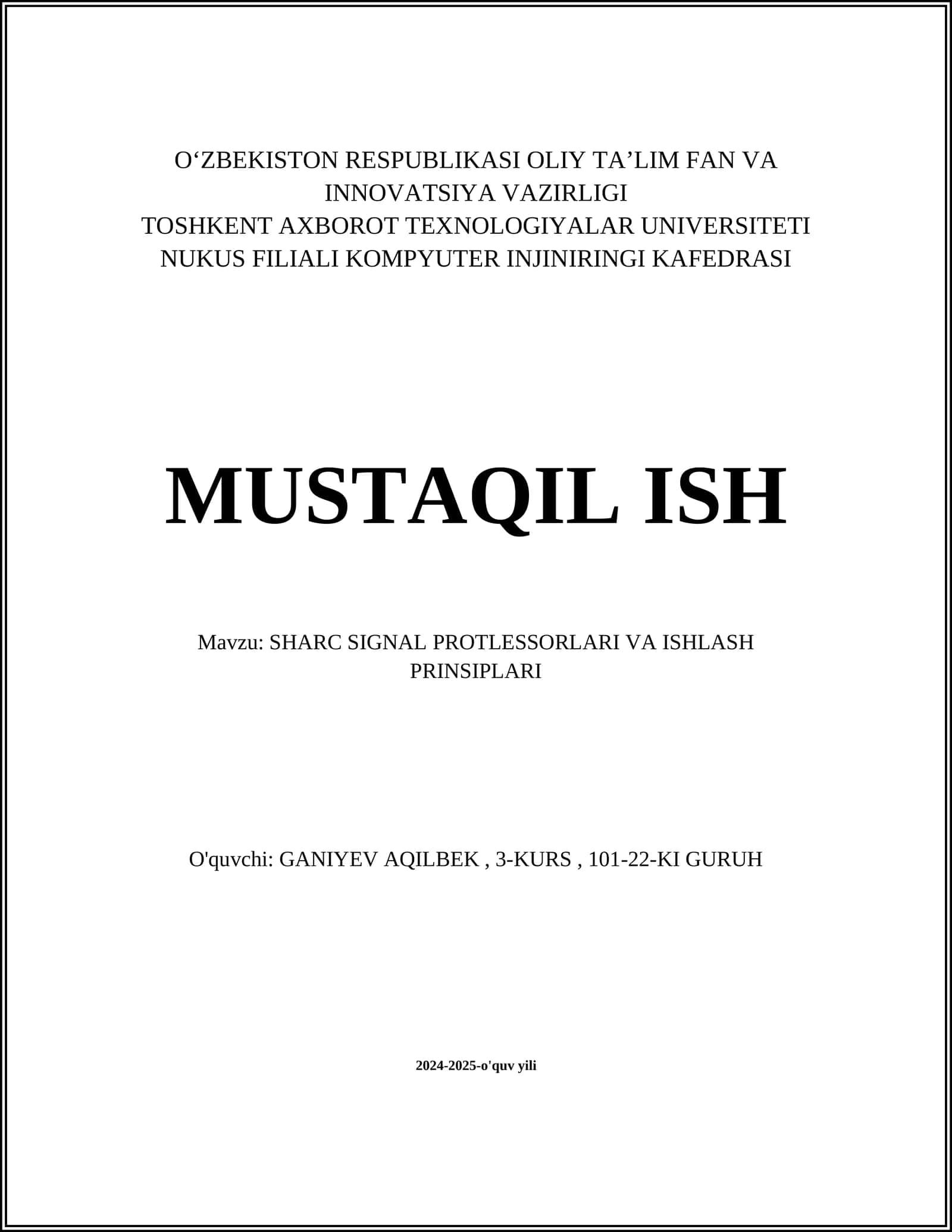 SHARC SIGNAL PROTLESSORLARI VA ISHLASH PRINSIPLARI