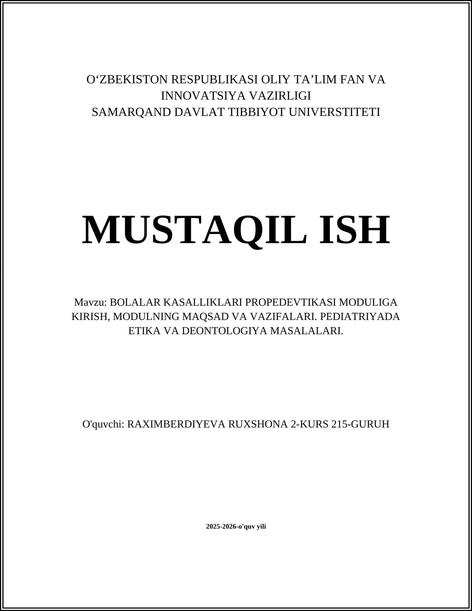 BOLALAR KASALLIKLARI PROPEDEVTIKASI MODULIGA KIRISH
