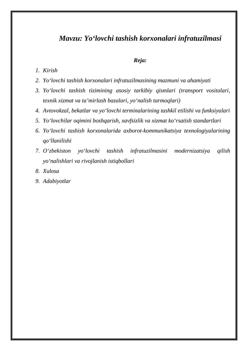Yo‘lovchi tashish korxonalari infratuzilmasi
