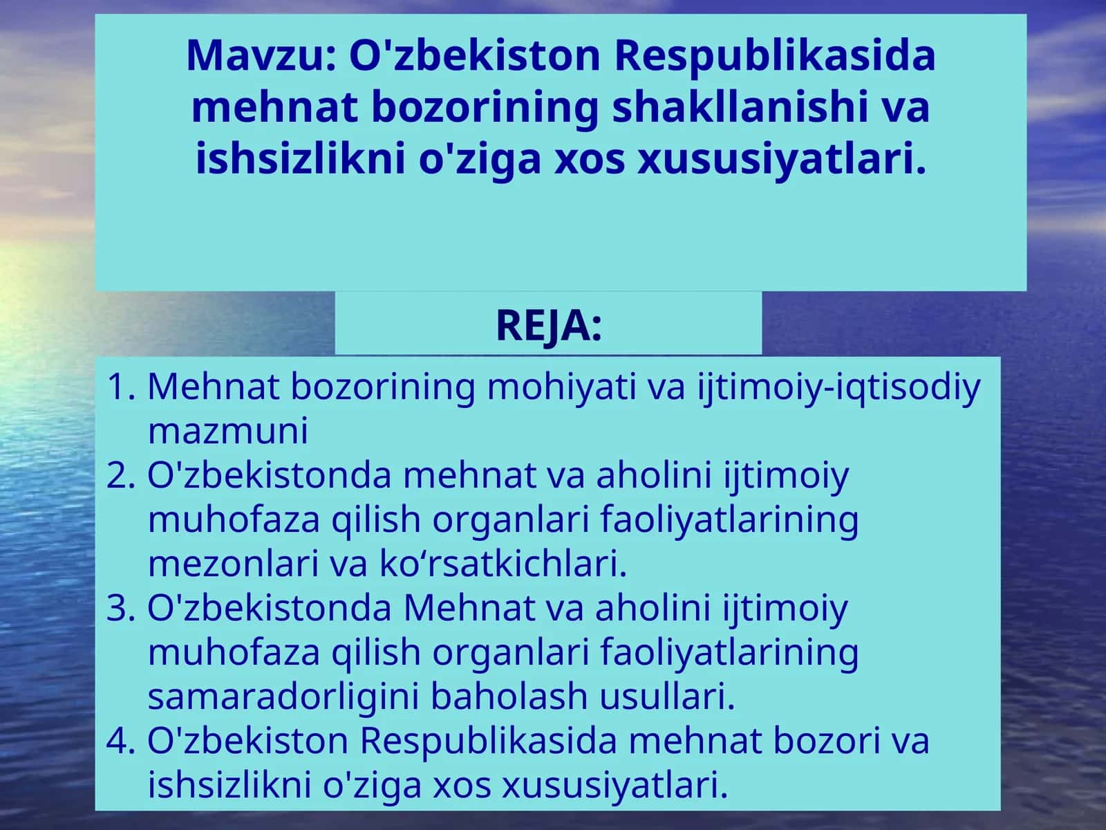 O'zbekiston Respublikasida mehnat bozorining shakllanishi va ishsizlikni o'ziga xos xususiyatlari
