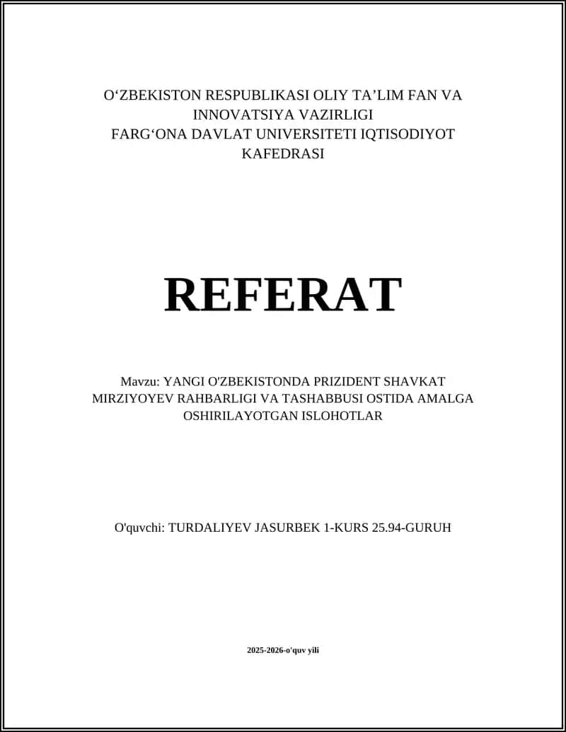 YANGI O'ZBEKISTONDA PRIZIDENT SHAVKAT MIRZIYOYEV RAHBARLIGI VA TASHABBUSI OSTIDA AMALGA OSHIRILAYOTGAN ISLOHOTLAR