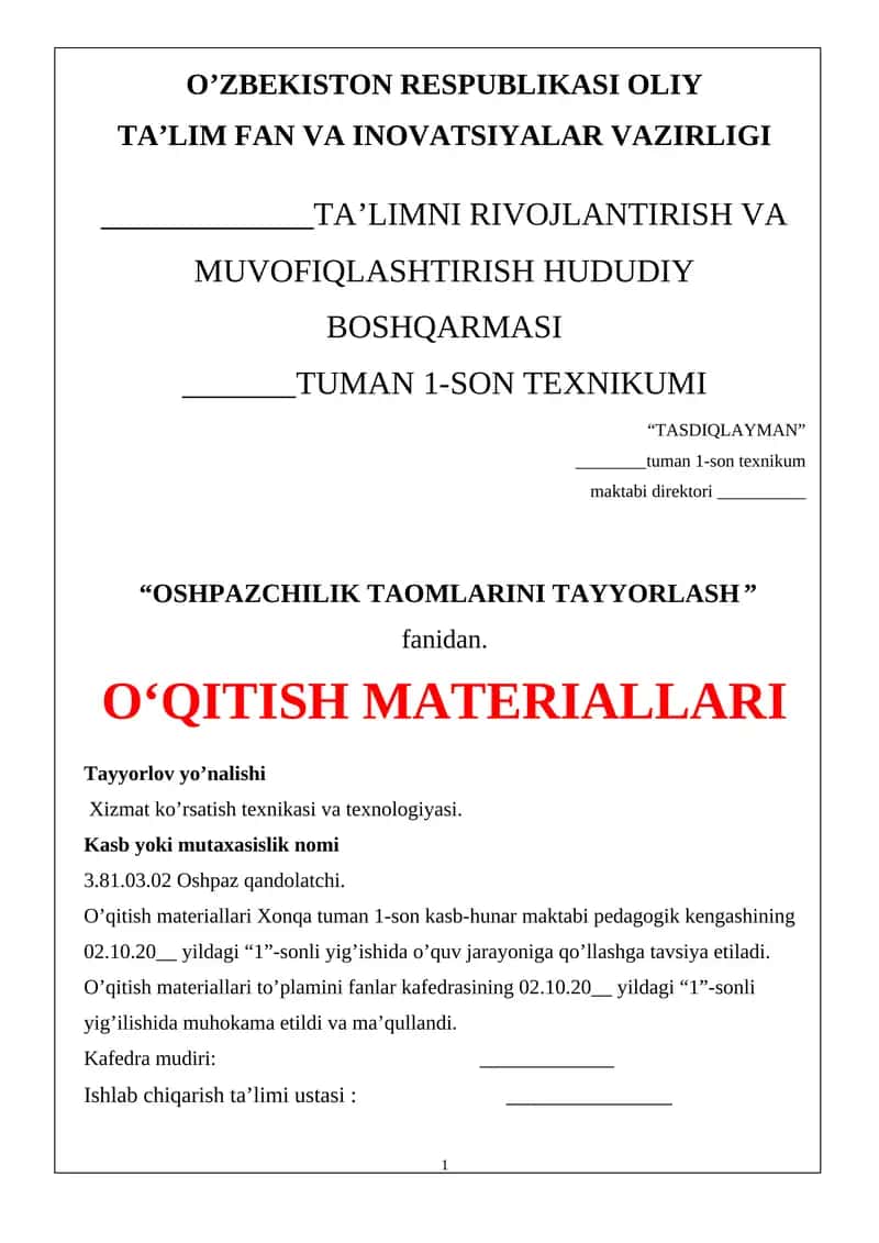Oshpazchilik taomlarini tayyorlash texnologiyasi