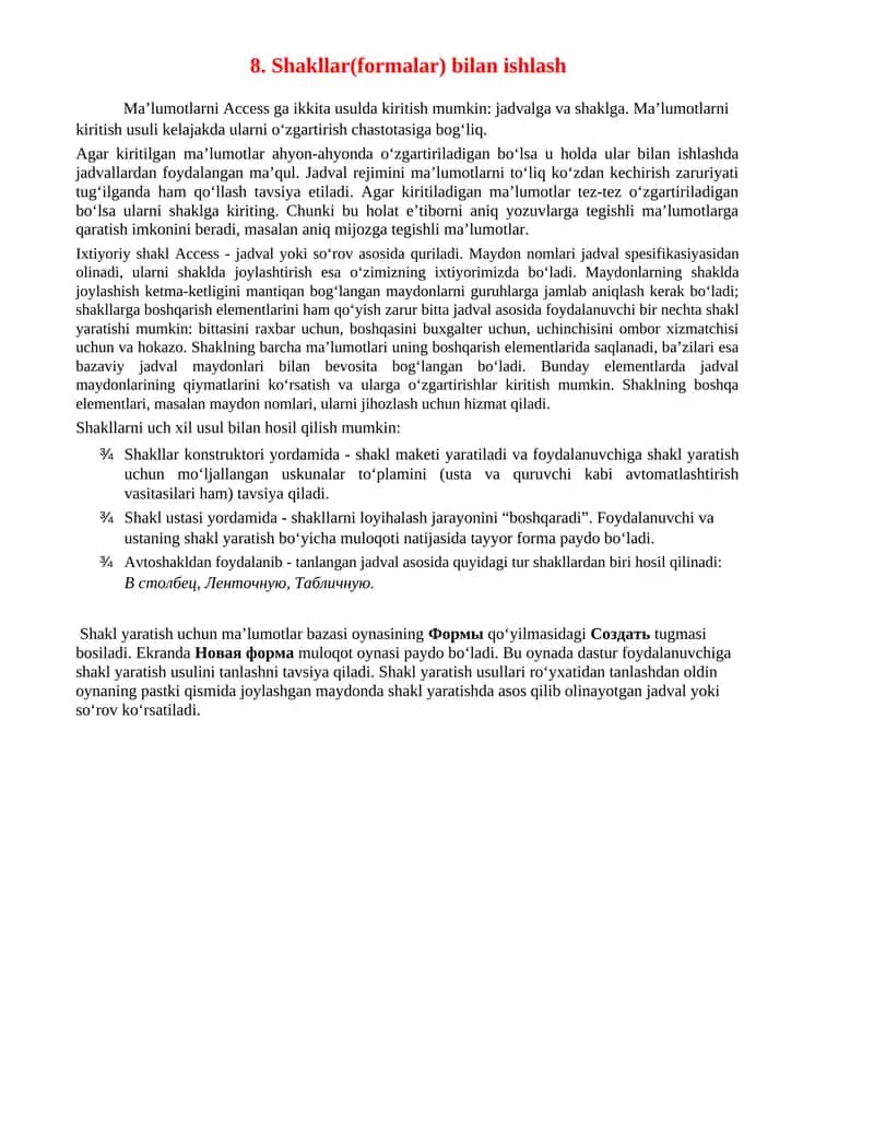 Shakllar(formalar) bilan ishlash
